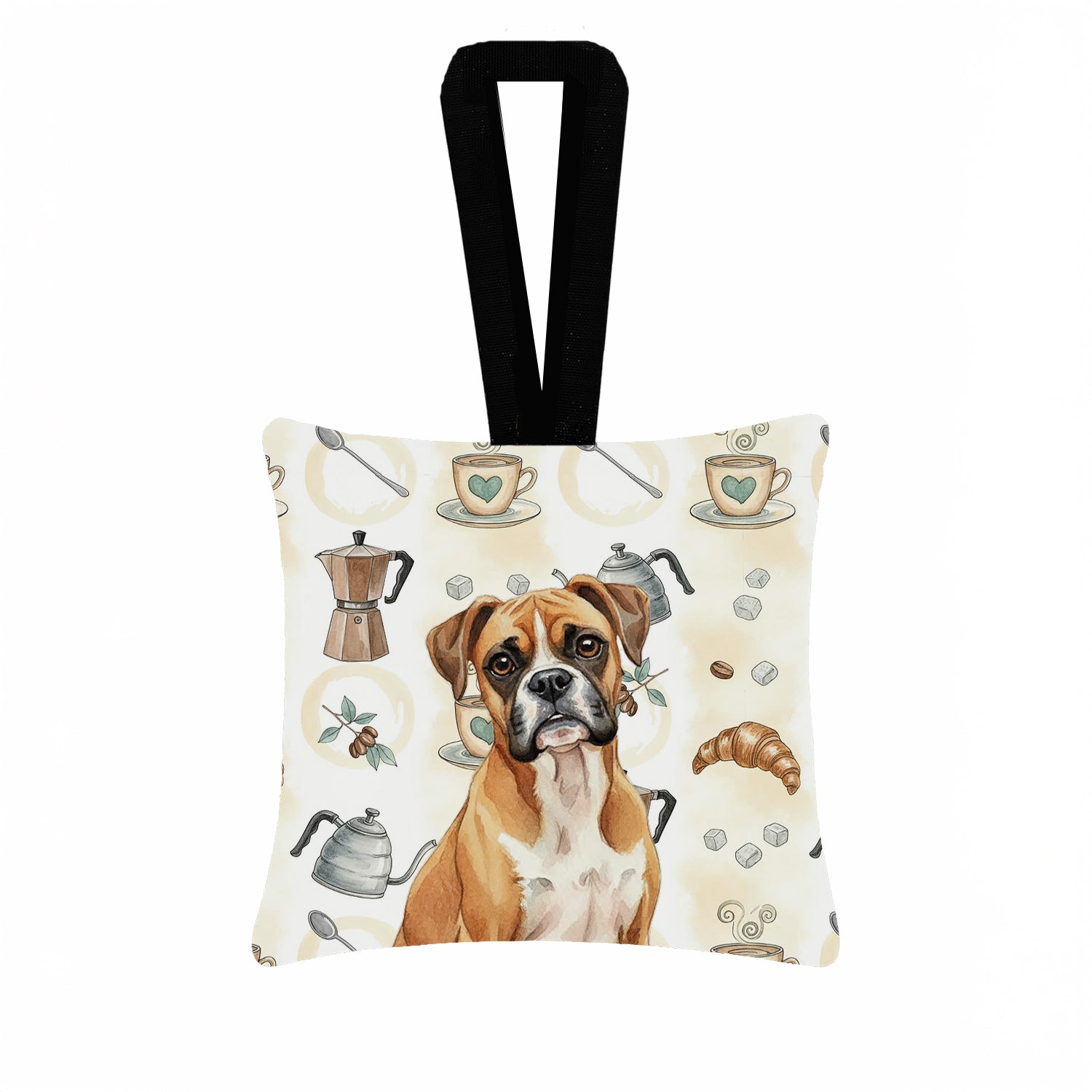 Boxer Coffee Bar Hanging Square Fabric Ornament 3.5 � 3.5 Decorative Door-Knob & Tree Hanger, Soft Fabric