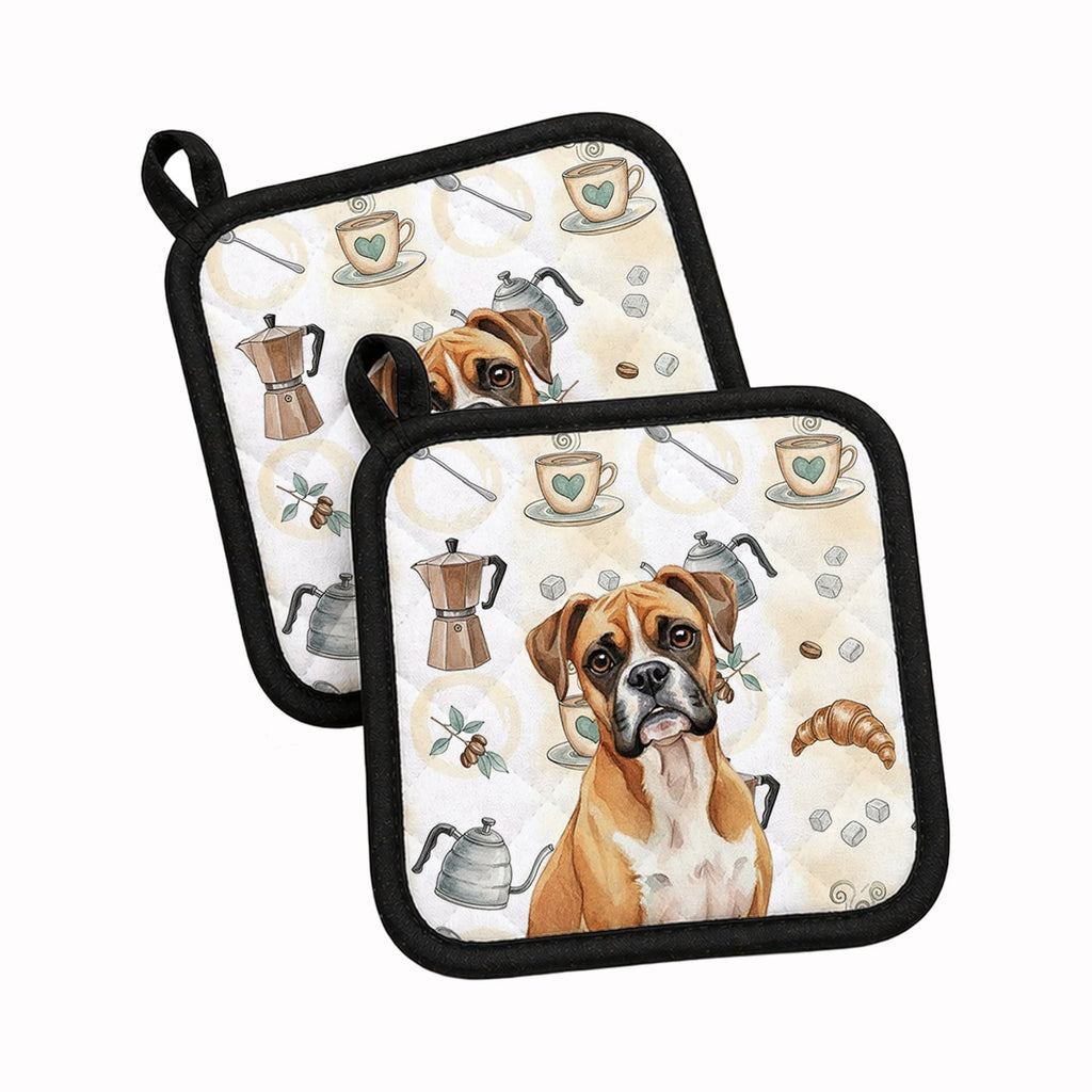 Boxer Coffee Bar Pot Holder Set of 2 Heat Resistant Quilted Hot Pads 7.5 x 7.5 Inch, Insulated Kitchen Trivets for Cooking & Baking