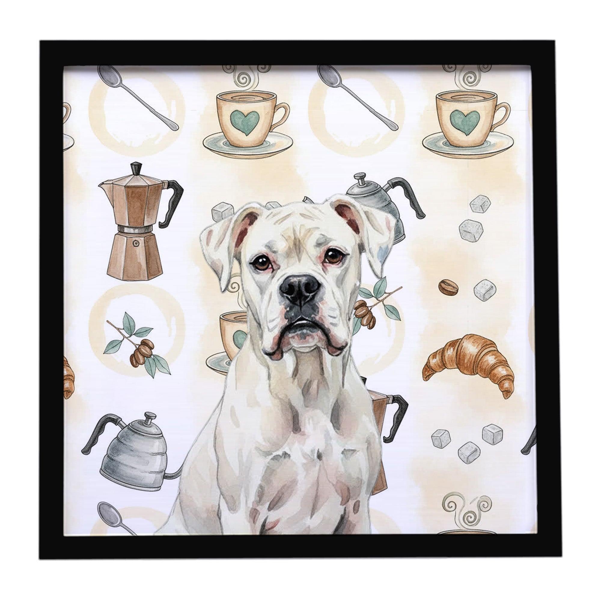 White Boxer Coffee Bar Framed Metal Print Bathroom, Kitchen, Office, Home Decor Wall Art Ready to Hang, Square, 8X8