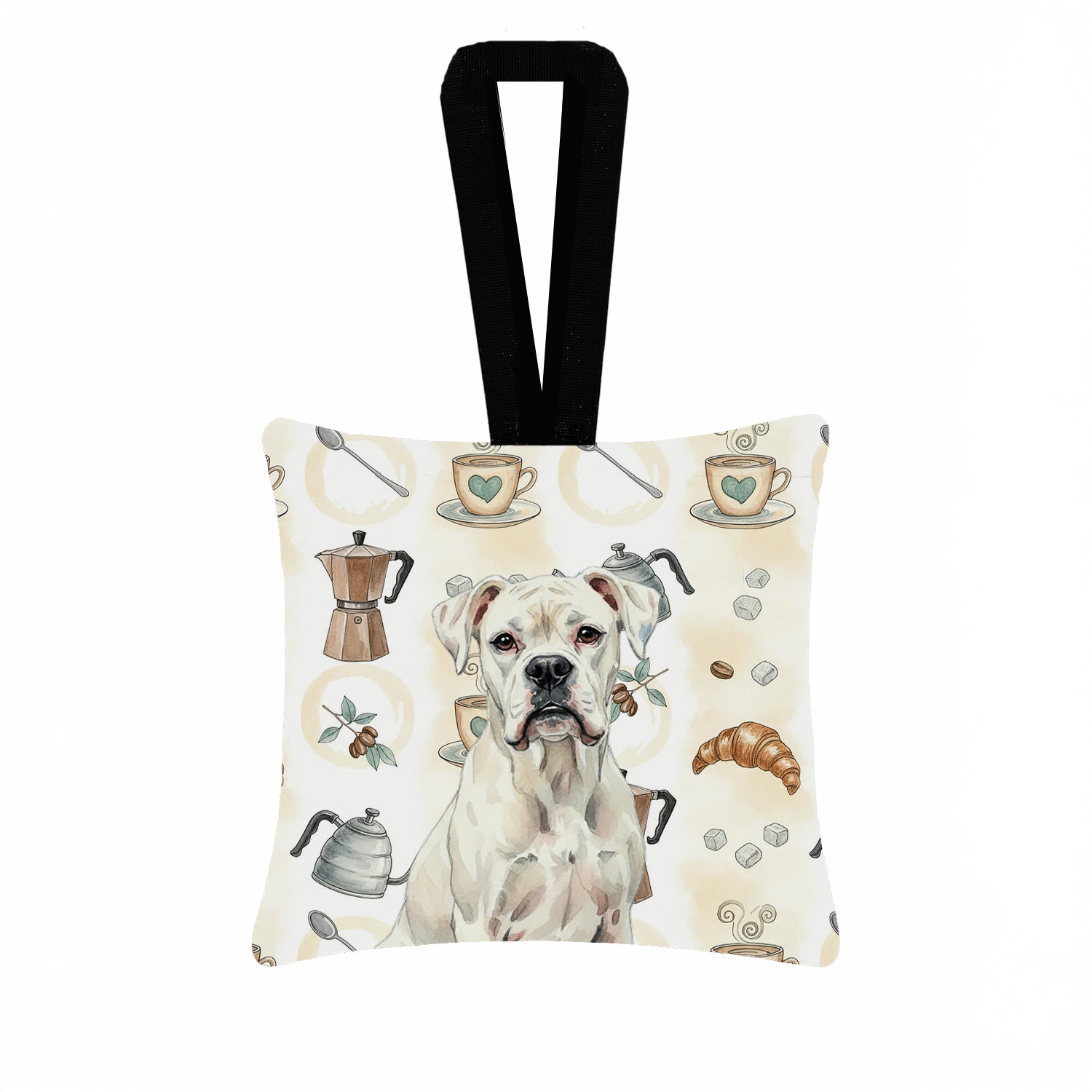 White Boxer Coffee Bar Hanging Square Fabric Ornament 3.5 � 3.5 Decorative Door-Knob & Tree Hanger, Soft Fabric