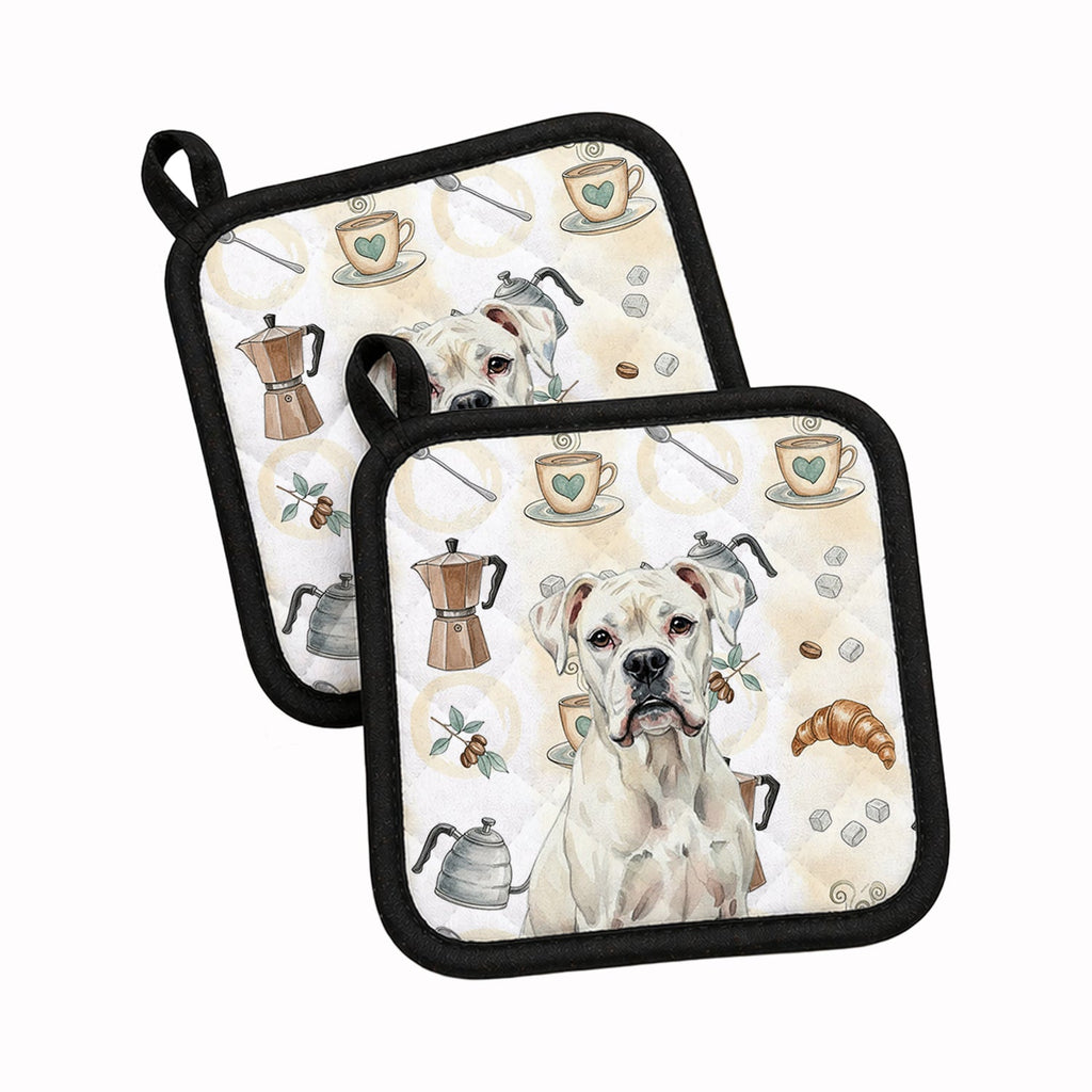 White Boxer Coffee Bar Pot Holder Set of 2 Heat Resistant Quilted Hot Pads 7.5 x 7.5 Inch, Insulated Kitchen Trivets for Cooking & Baking