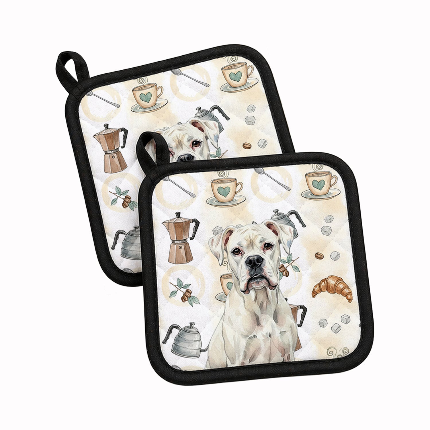White Boxer Coffee Bar Pot Holder Set of 2 Heat Resistant Quilted Hot Pads 7.5 x 7.5 Inch, Insulated Kitchen Trivets for Cooking & Baking