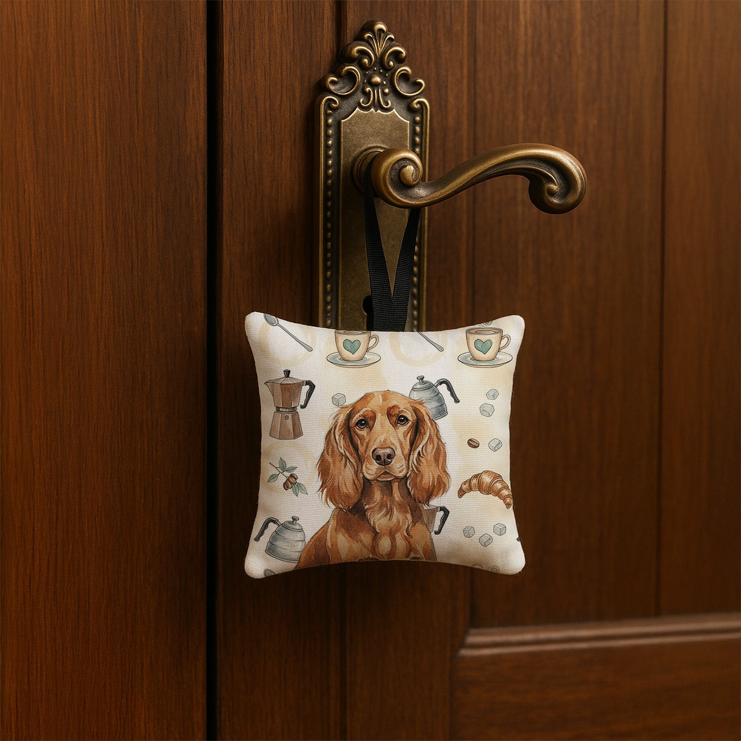 Boykin Spaniel Coffee Bar Hanging Square Fabric Ornament 3.5 � 3.5 Decorative Door-Knob & Tree Hanger, Soft Fabric