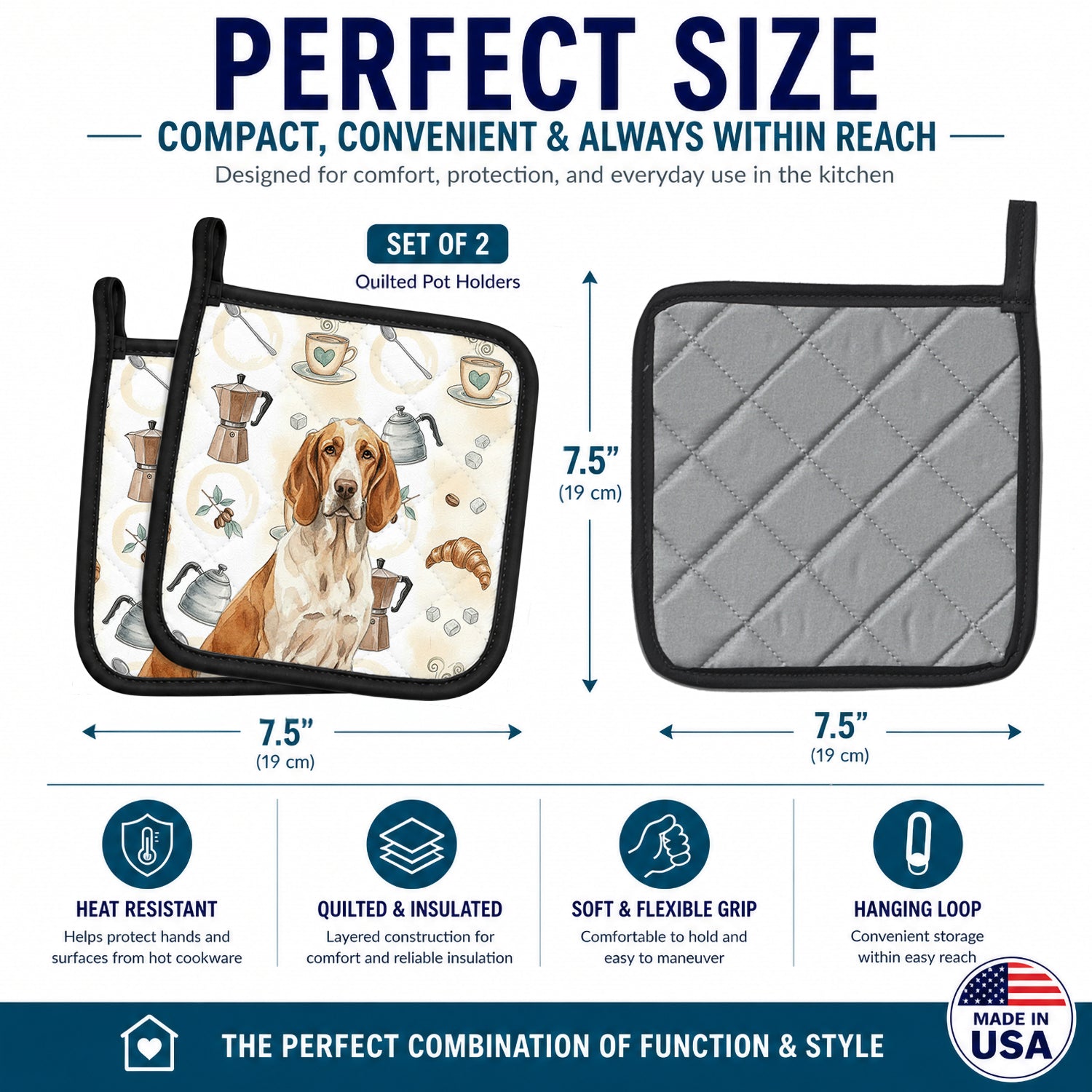 Bracco Italiano Coffee Bar Pot Holder Set of 2 Heat Resistant Quilted Hot Pads 7.5 x 7.5 Inch, Insulated Kitchen Trivets for Cooking & Baking