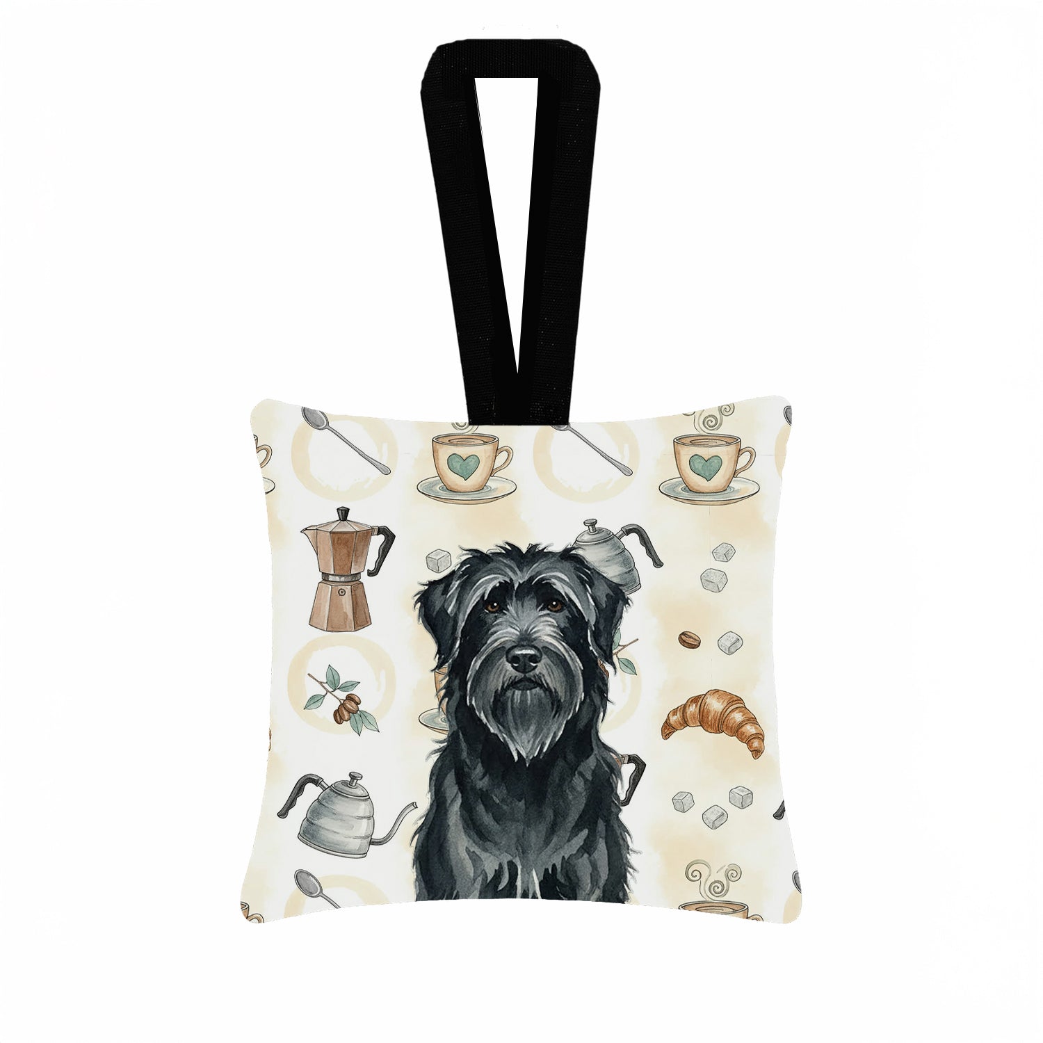 Black Briard Coffee Bar Hanging Square Fabric Ornament 3.5 � 3.5 Decorative Door-Knob & Tree Hanger, Soft Fabric