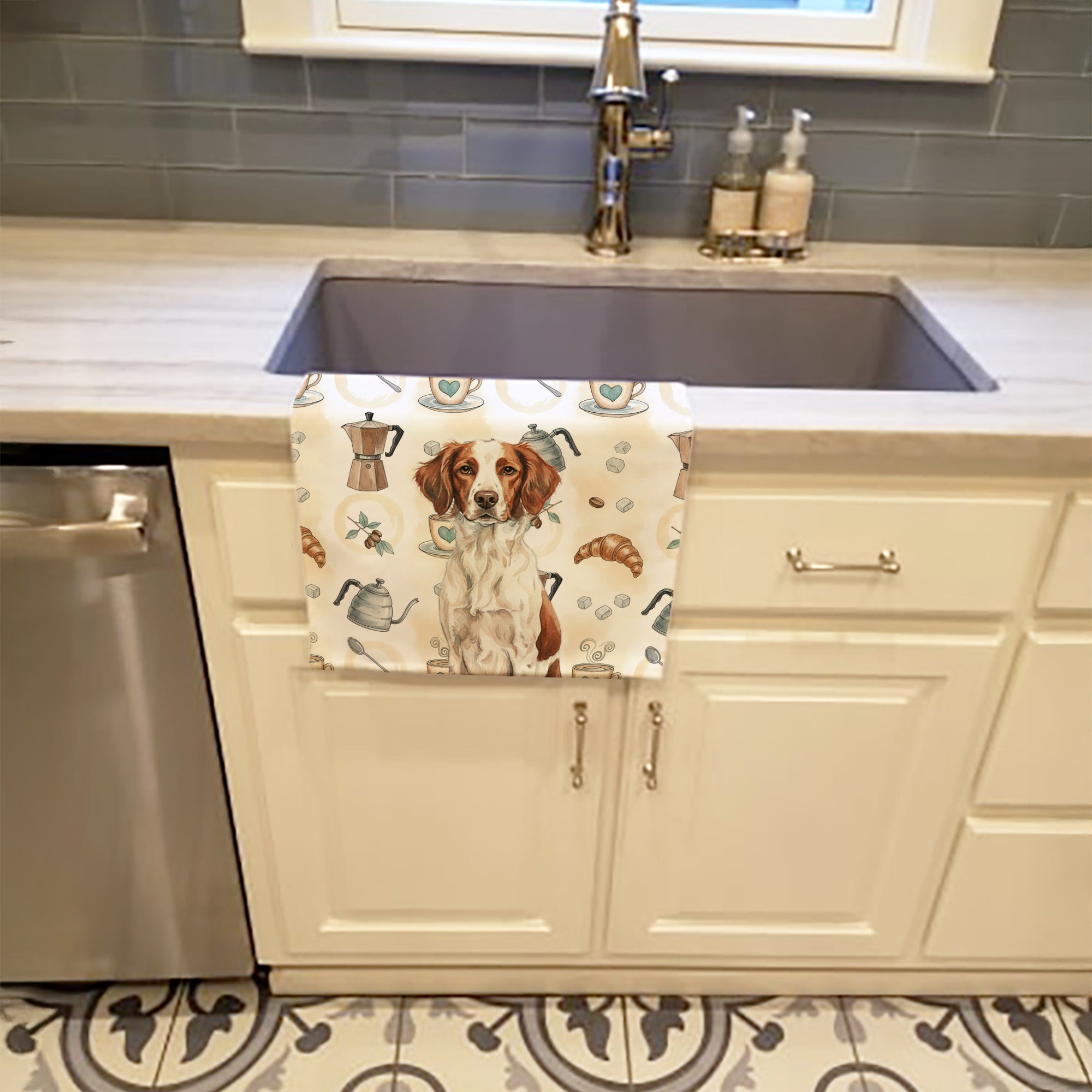 Liver and White Brittany Coffee Bar Kitchen Towel Velour Plush Front and Cotton Loop Back Machine Washable