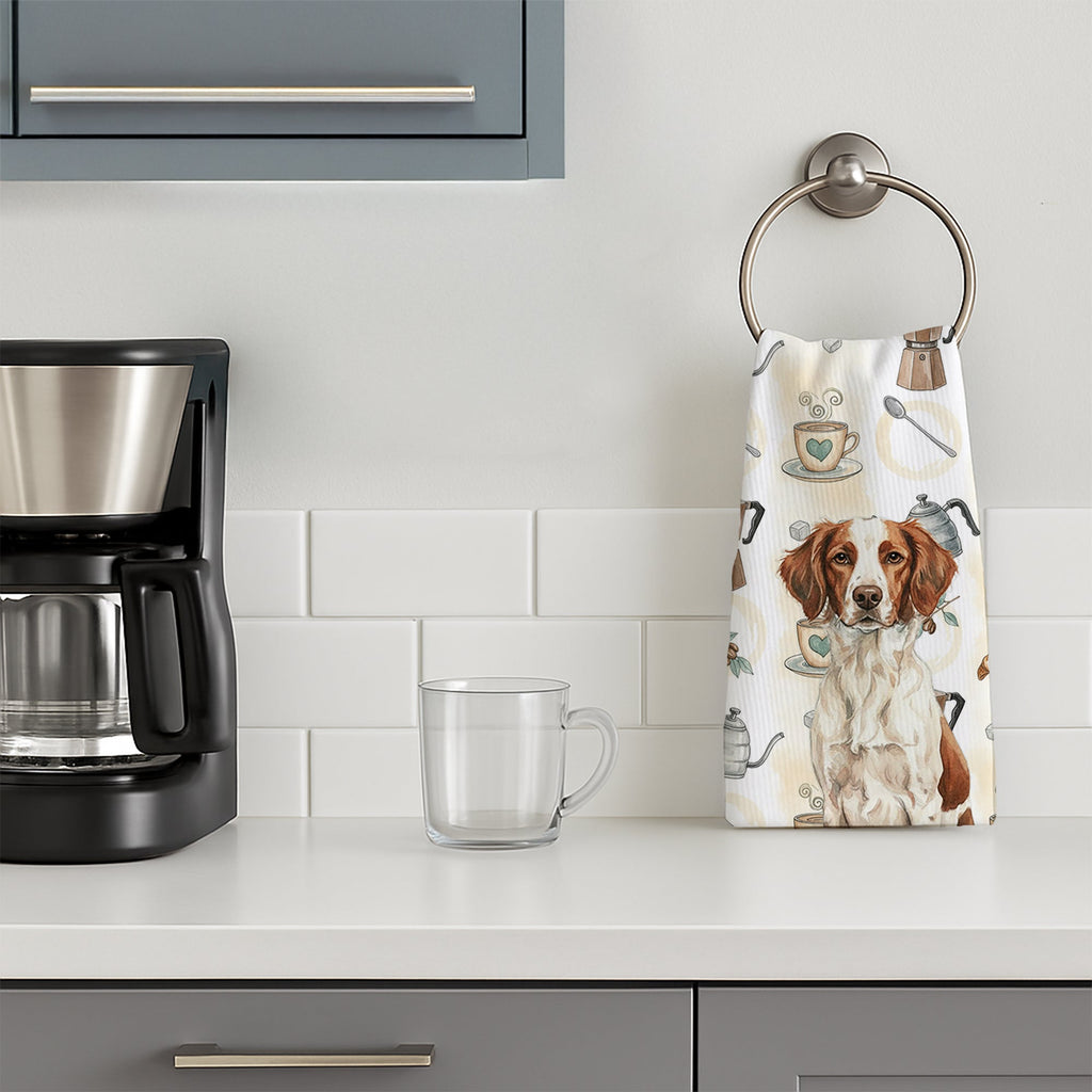 Liver and White Brittany Coffee Bar Kitchen Towel Velour Plush Front and Cotton Loop Back Machine Washable