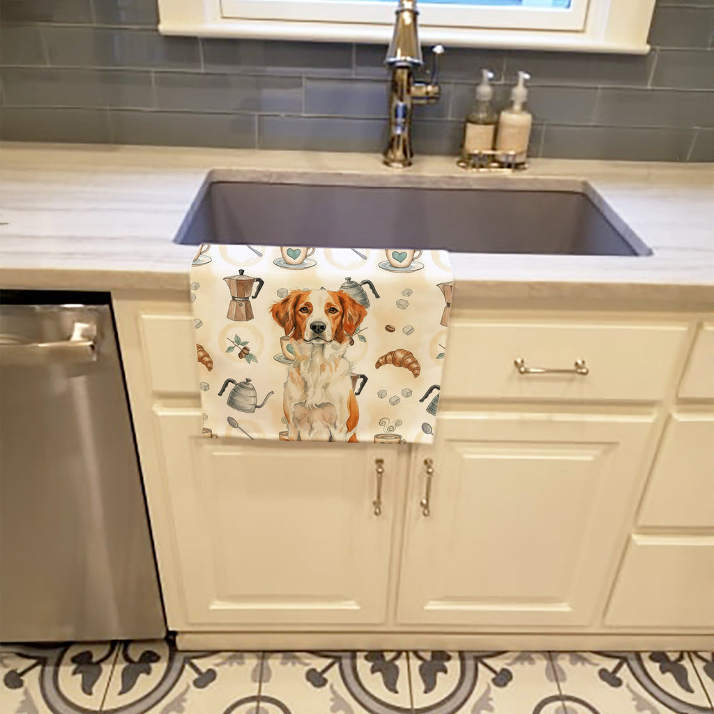 Orange and White Brittany Coffee Bar Kitchen Towel Velour Plush Front and Cotton Loop Back Machine Washable