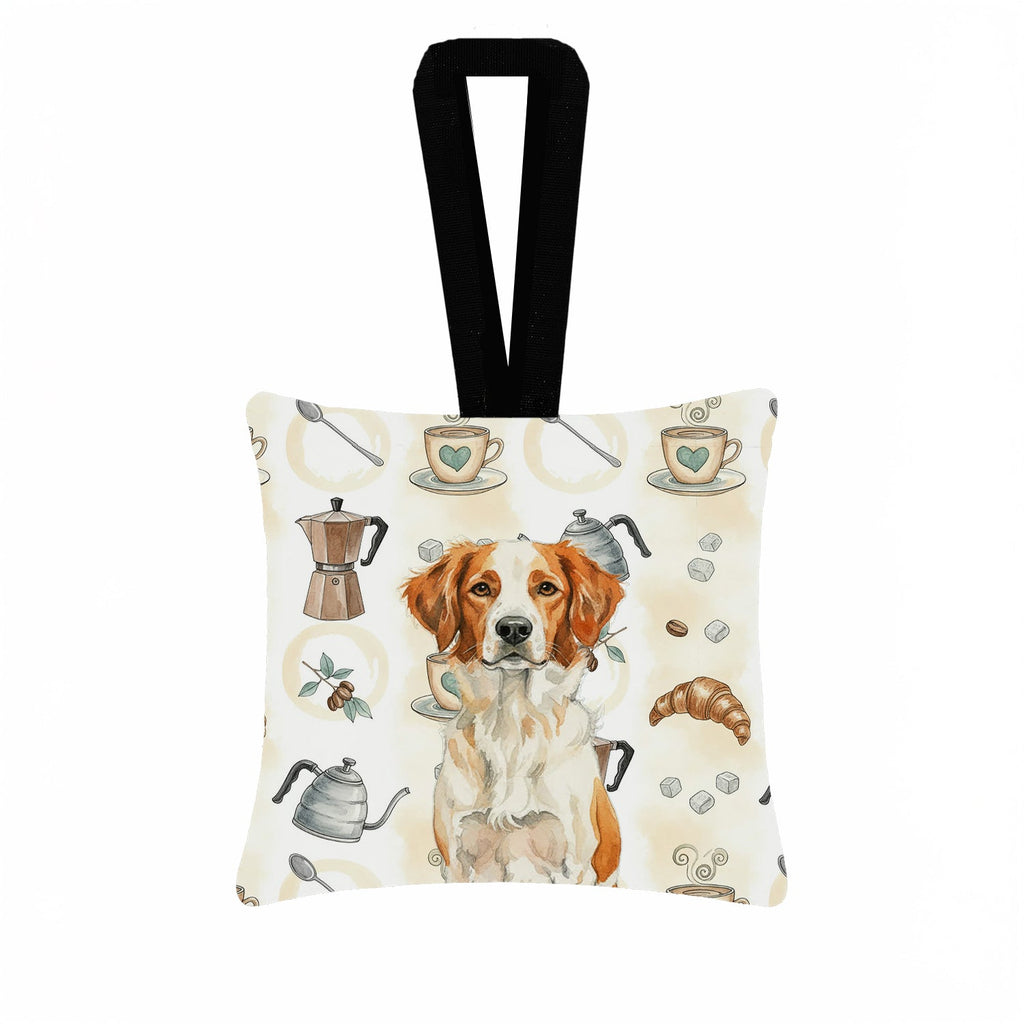 Orange and White Brittany Coffee Bar Hanging Square Fabric Ornament 3.5 � 3.5 Decorative Door-Knob & Tree Hanger, Soft Fabric