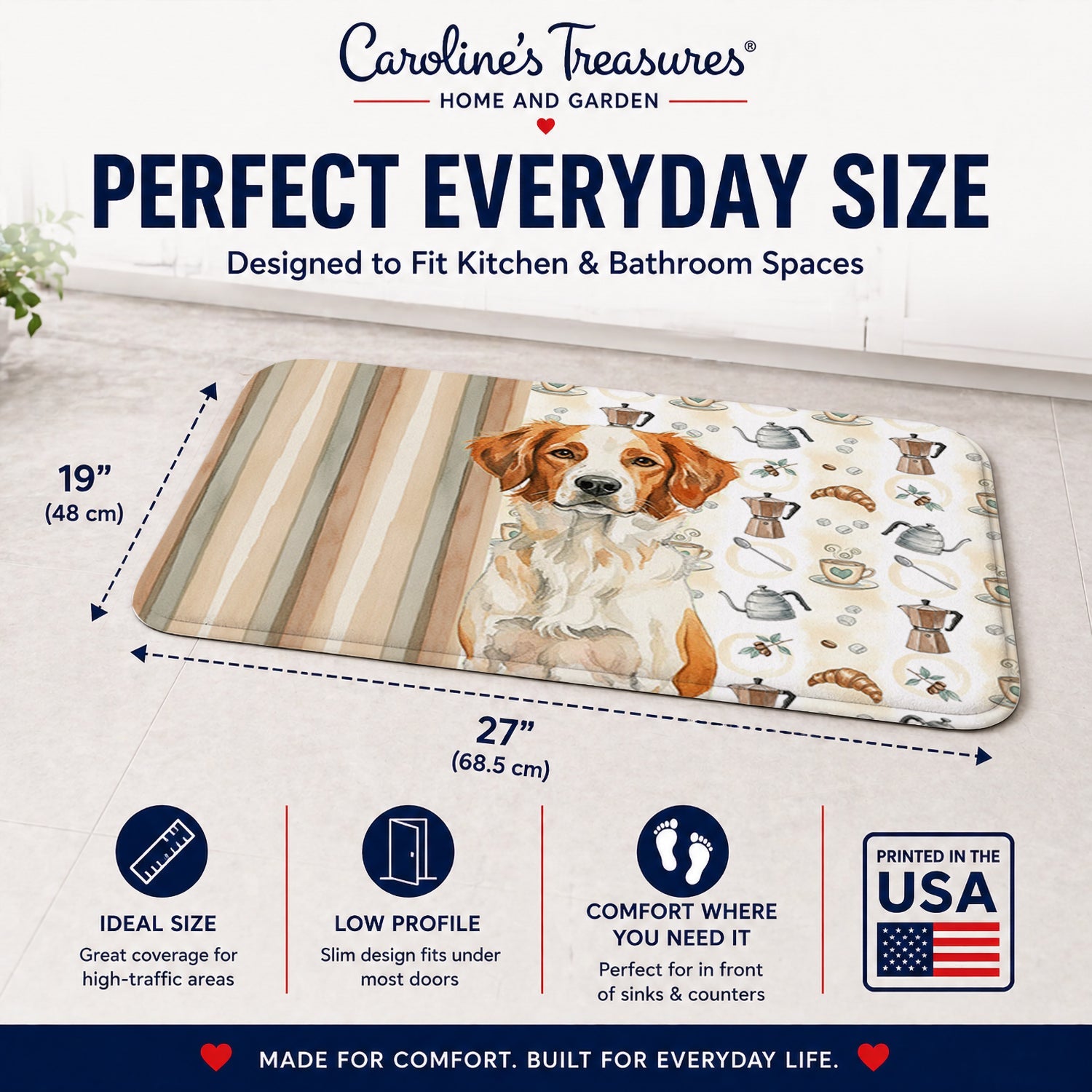 Orange and White Brittany Coffee Bar Memory Foam Kitchen Mat Machine Washable Anti-Fatigue Cushion Comfort Bath or Kitchen Rug