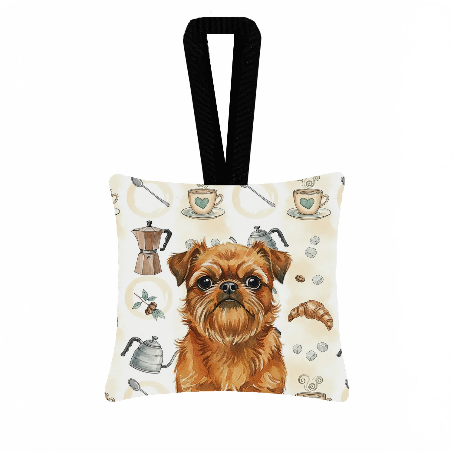 Belge Brussels Griffon Coffee Bar Hanging Square Fabric Ornament 3.5 � 3.5 Decorative Door-Knob & Tree Hanger, Soft Fabric
