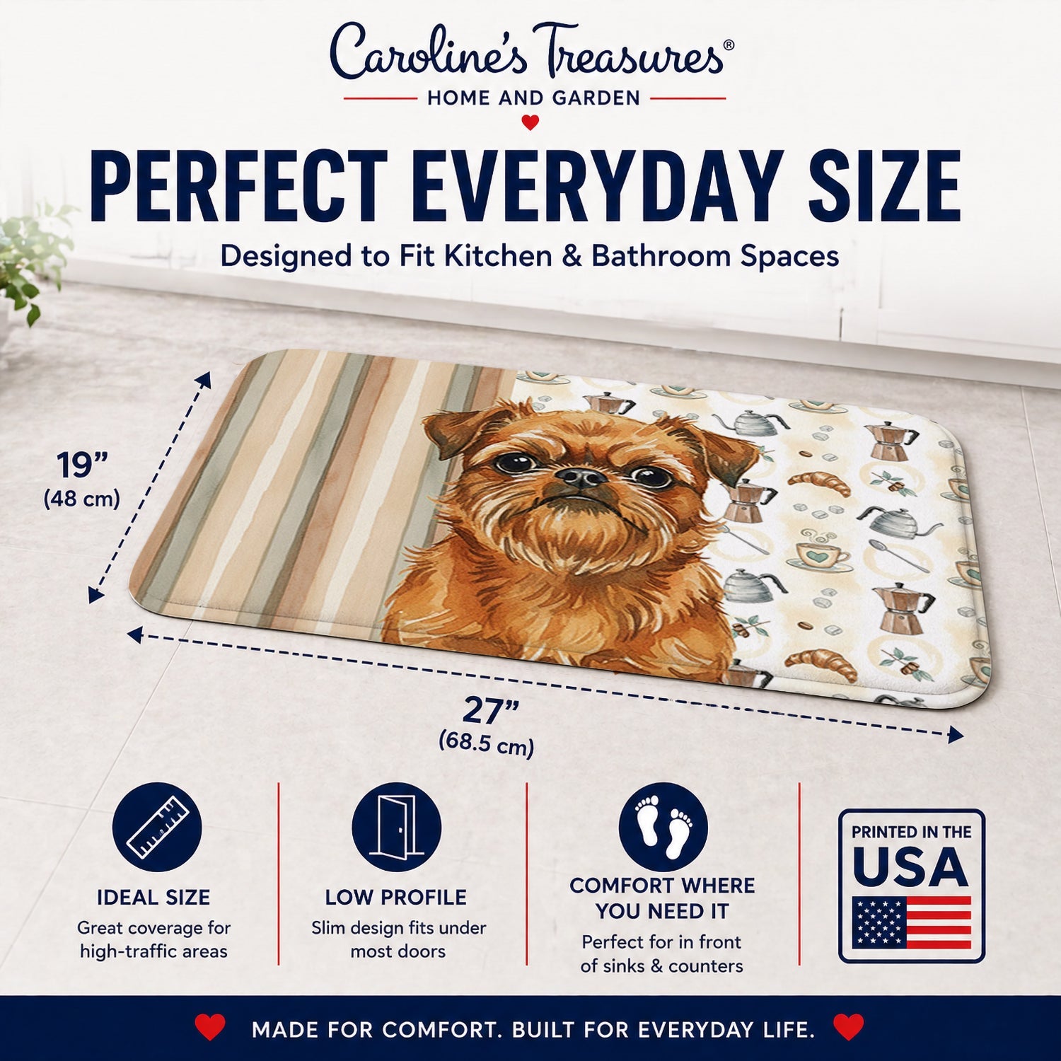 Belge Brussels Griffon Coffee Bar Memory Foam Kitchen Mat Machine Washable Anti-Fatigue Cushion Comfort Bath or Kitchen Rug