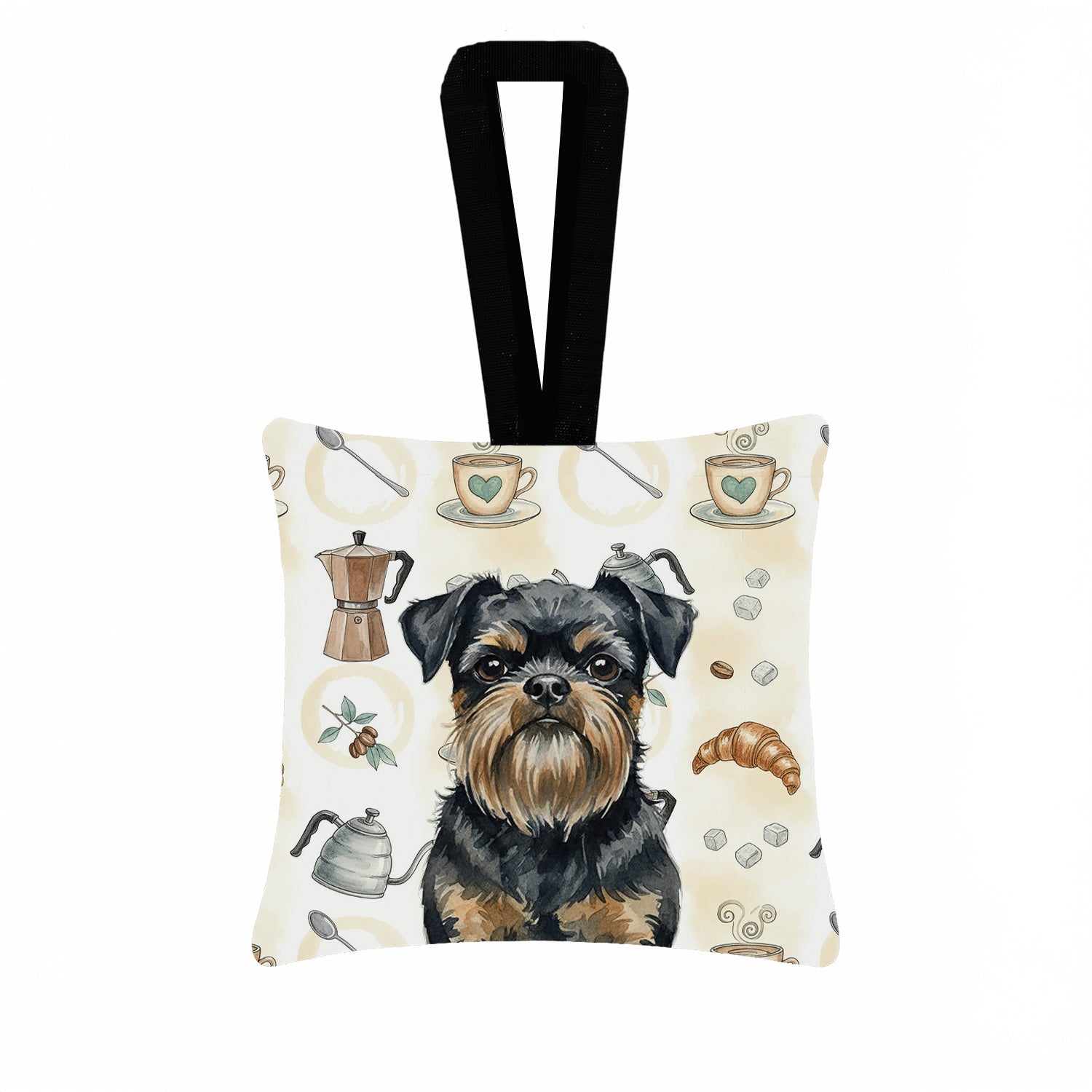 Black and Tan Brussels Griffon Coffee Bar Hanging Square Fabric Ornament 3.5 � 3.5 Decorative Door-Knob & Tree Hanger, Soft Fabric