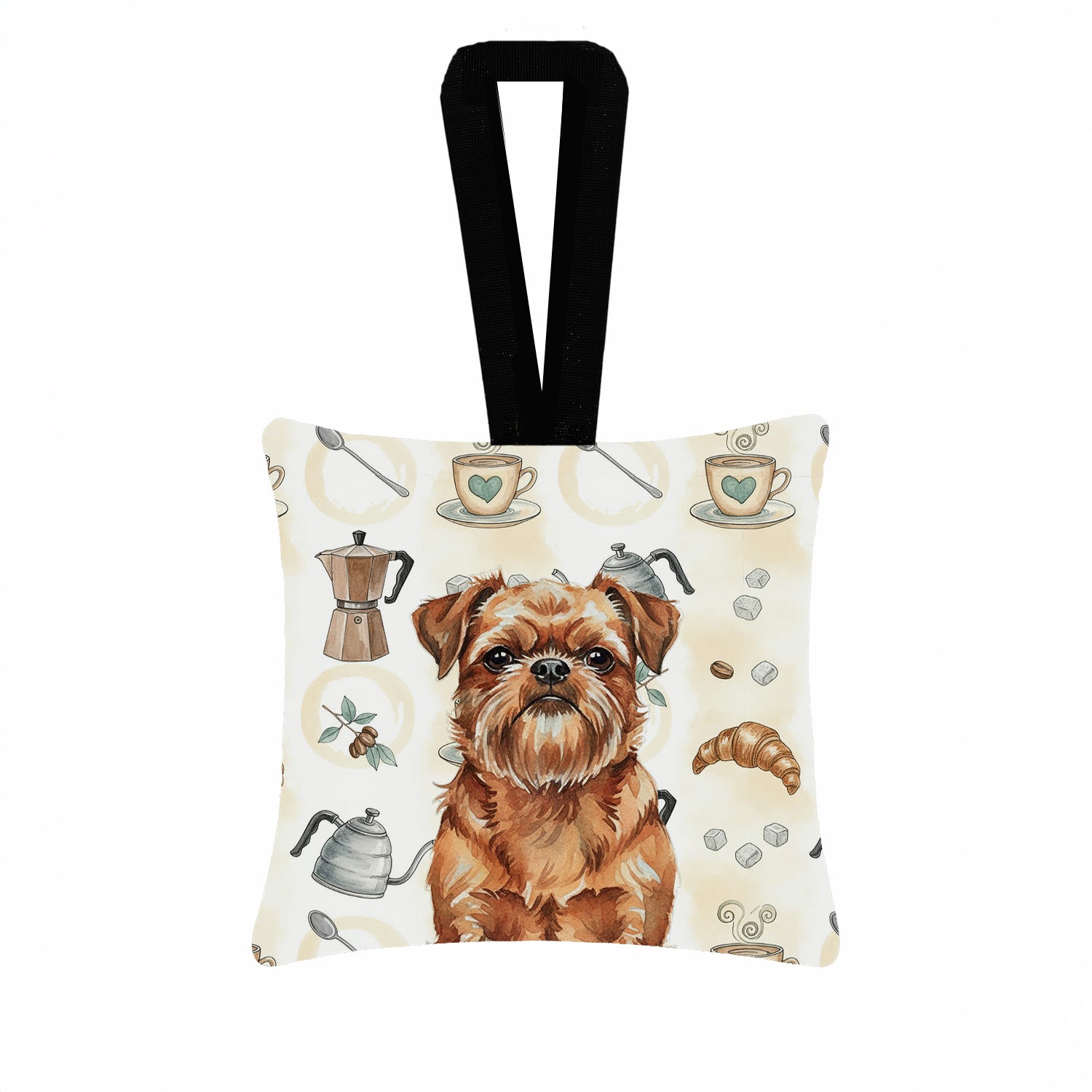Red Brussels Griffon Coffee Bar Hanging Square Fabric Ornament 3.5 � 3.5 Decorative Door-Knob & Tree Hanger, Soft Fabric