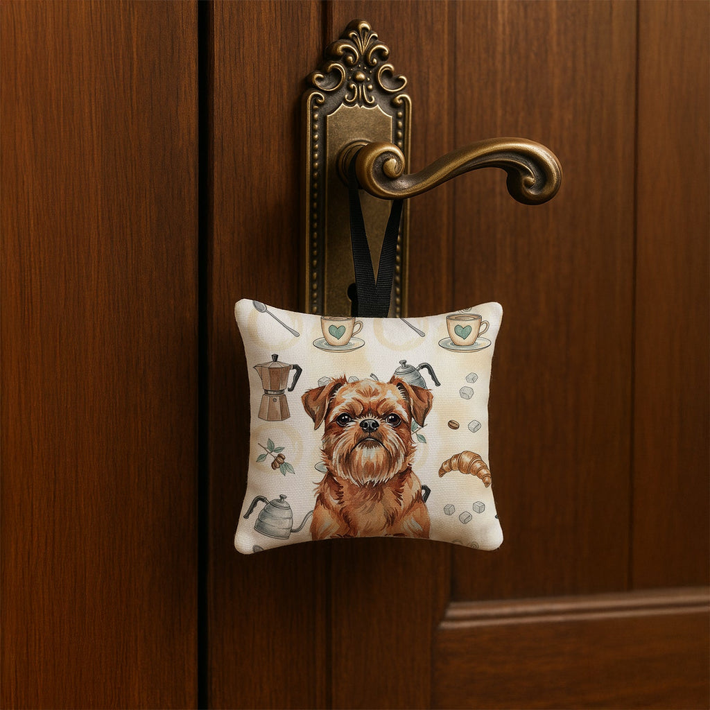Red Brussels Griffon Coffee Bar Hanging Square Fabric Ornament 3.5 � 3.5 Decorative Door-Knob & Tree Hanger, Soft Fabric