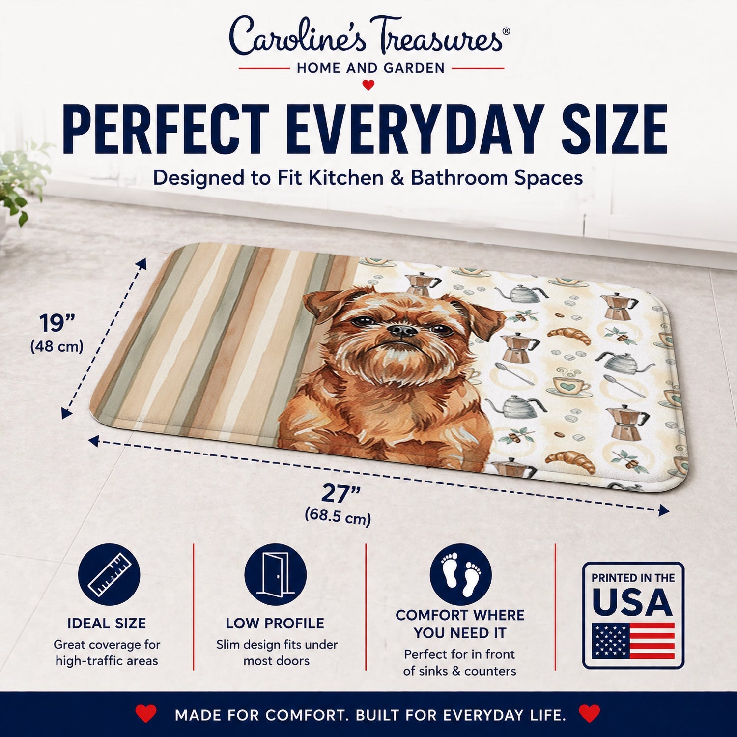 Red Brussels Griffon Coffee Bar Memory Foam Kitchen Mat Machine Washable Anti-Fatigue Cushion Comfort Bath or Kitchen Rug