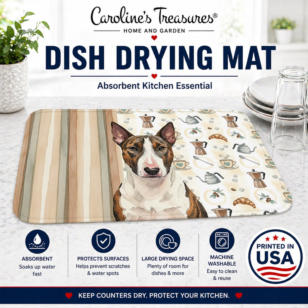 Brindle and White Bull Terrier Coffee Bar Dish Drying Mat Absorbent Dish Drying Mat Pad for Kitchen Counter Dish Drainer Mat for Countertop, 14 x 21", Multicolor
