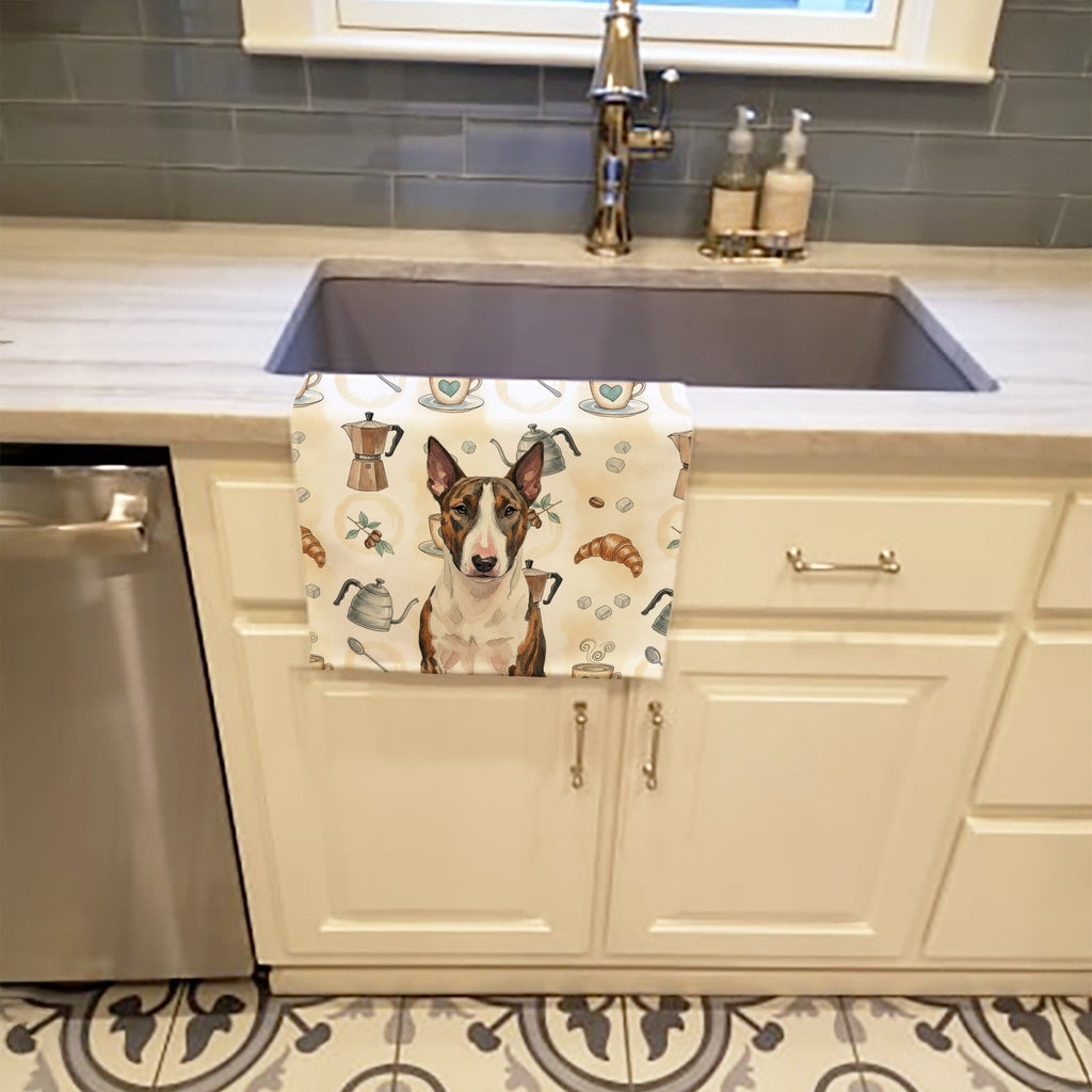Brindle and White Bull Terrier Coffee Bar Kitchen Towel Velour Plush Front and Cotton Loop Back Machine Washable