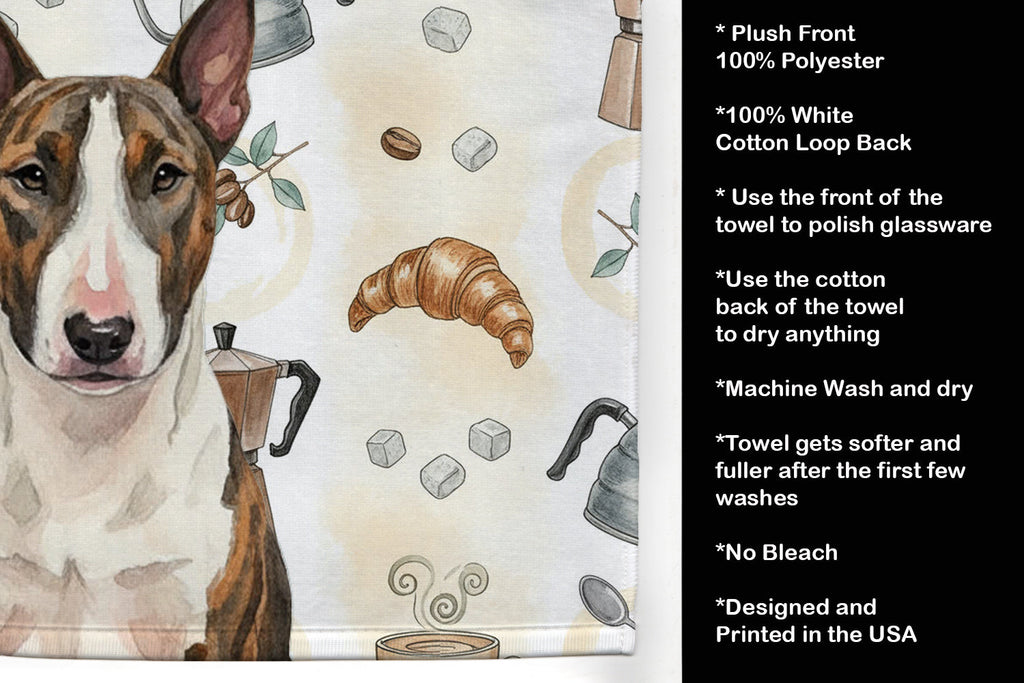 Brindle and White Bull Terrier Coffee Bar Kitchen Towel Velour Plush Front and Cotton Loop Back Machine Washable