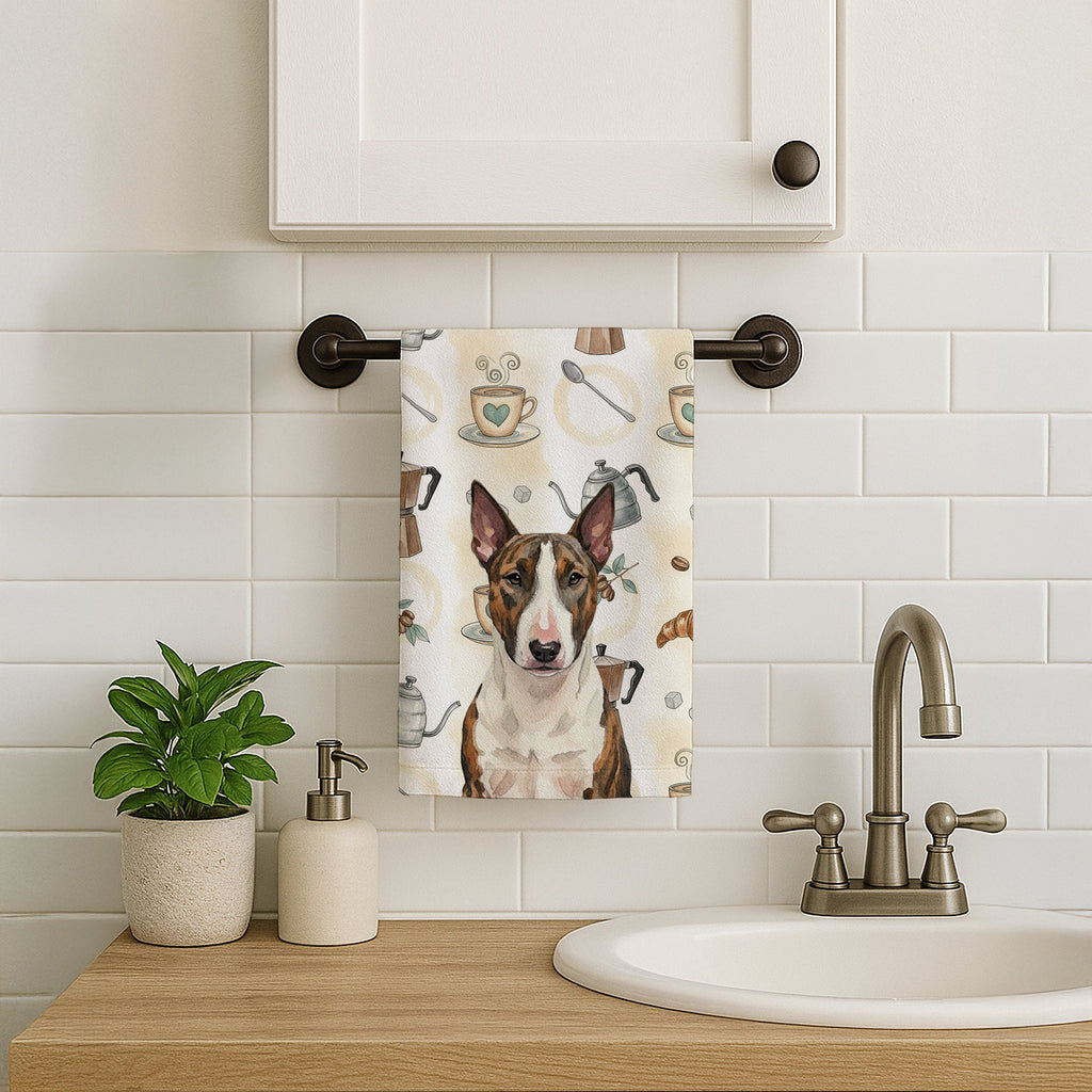 Brindle and White Bull Terrier Coffee Bar Kitchen Towel Velour Plush Front and Cotton Loop Back Machine Washable