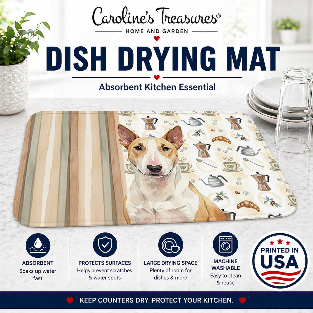 Fawn and White Bull Terrier Coffee Bar Dish Drying Mat Absorbent Dish Drying Mat Pad for Kitchen Counter Dish Drainer Mat for Countertop, 14 x 21", Multicolor