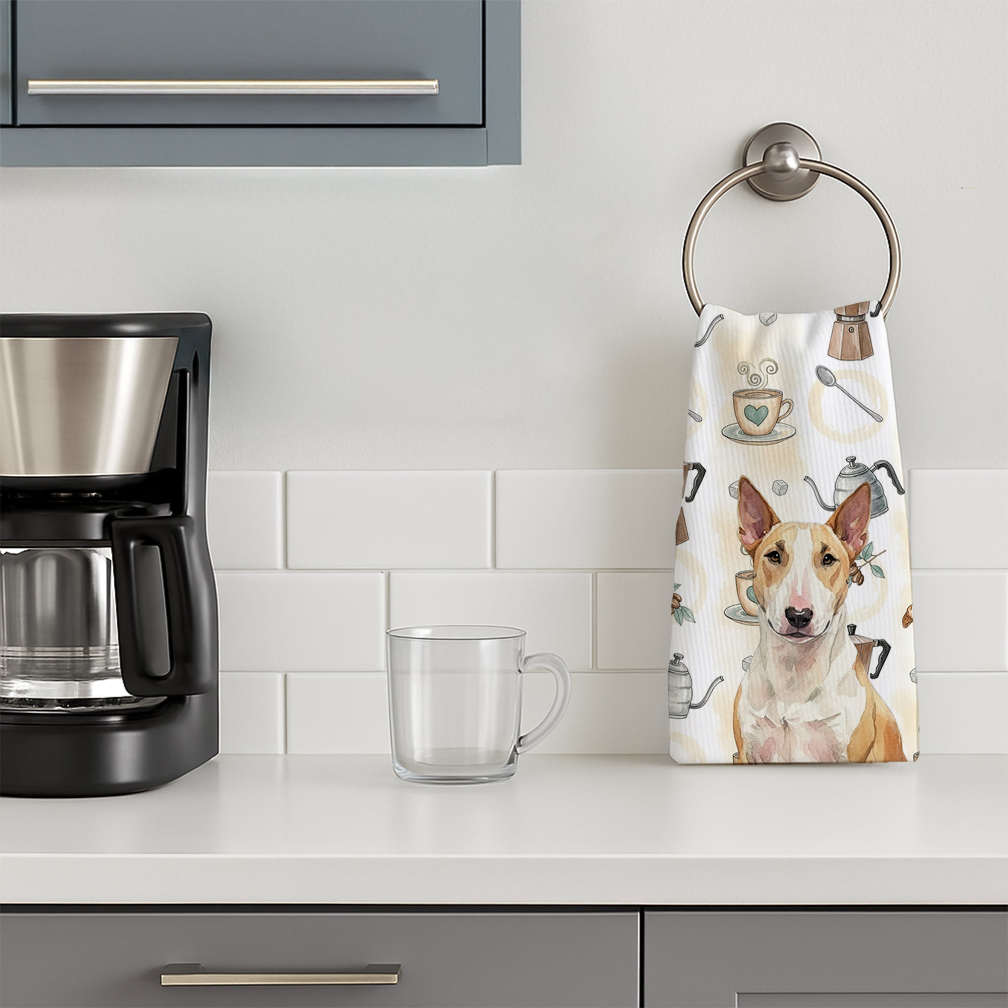 Fawn and White Bull Terrier Coffee Bar Kitchen Towel Velour Plush Front and Cotton Loop Back Machine Washable