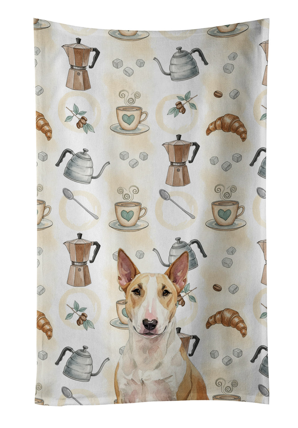 Fawn and White Bull Terrier Coffee Bar Kitchen Towel Velour Plush Front and Cotton Loop Back Machine Washable