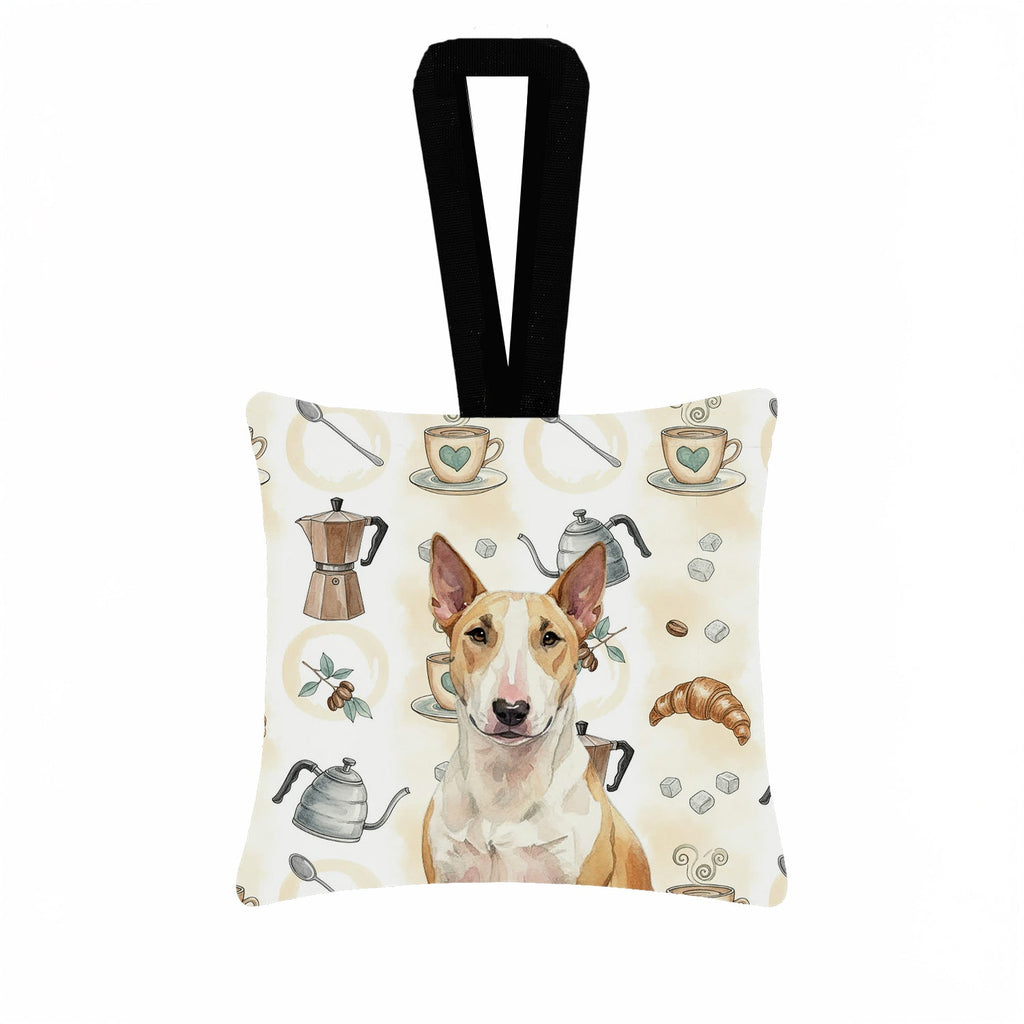 Fawn and White Bull Terrier Coffee Bar Hanging Square Fabric Ornament 3.5 � 3.5 Decorative Door-Knob & Tree Hanger, Soft Fabric