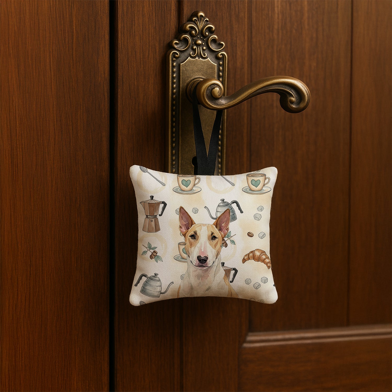 Fawn and White Bull Terrier Coffee Bar Hanging Square Fabric Ornament 3.5 � 3.5 Decorative Door-Knob & Tree Hanger, Soft Fabric