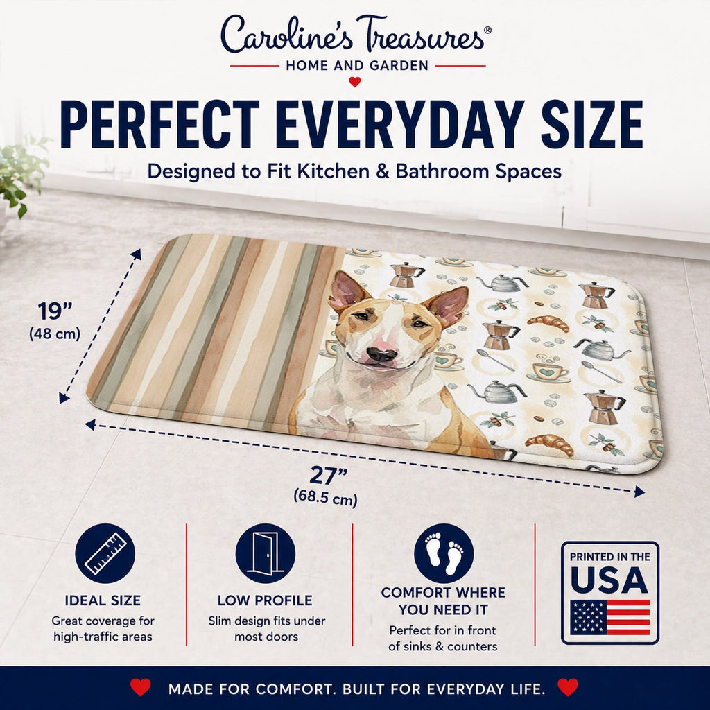 Fawn and White Bull Terrier Coffee Bar Memory Foam Kitchen Mat Machine Washable Anti-Fatigue Cushion Comfort Bath or Kitchen Rug