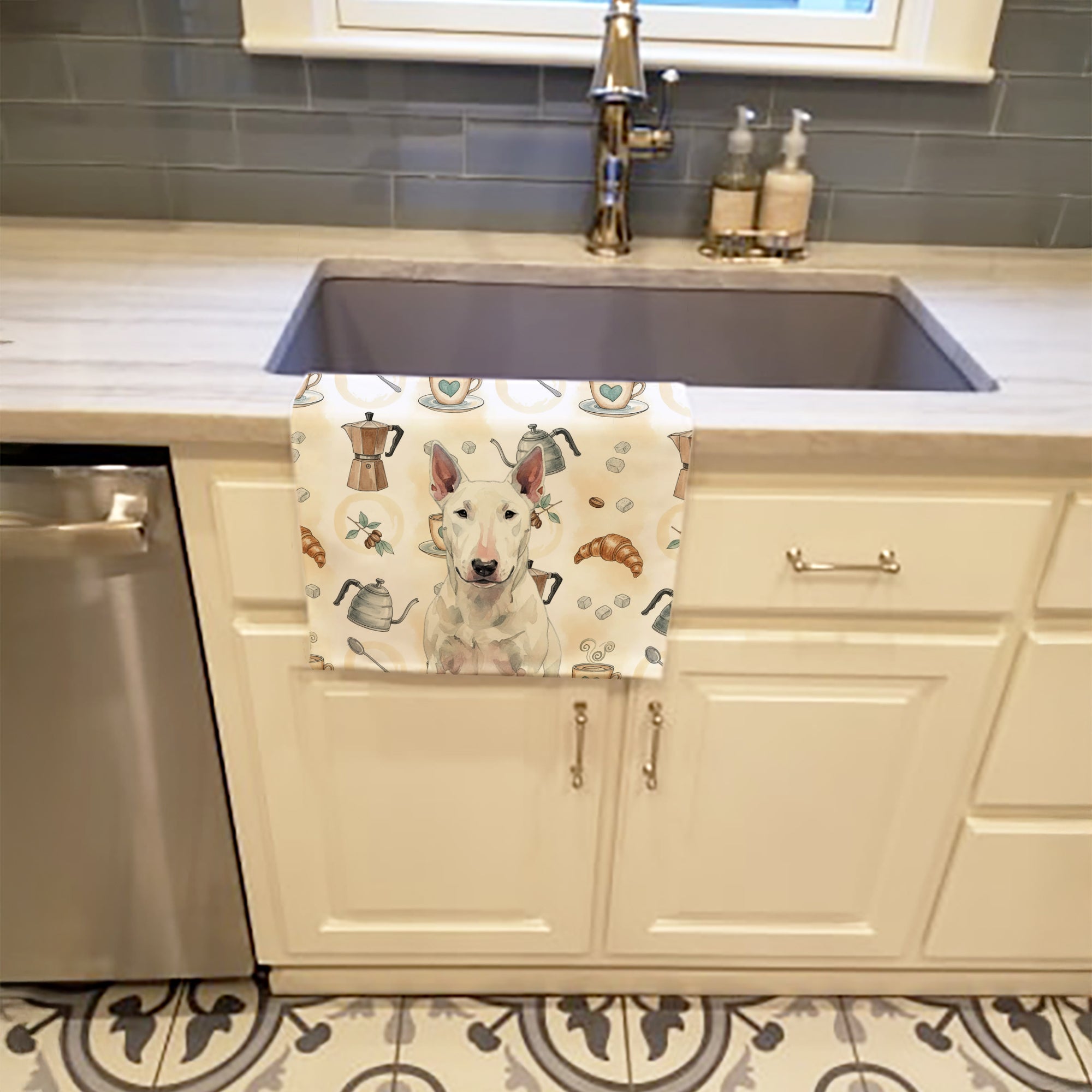 White Bull Terrier Coffee Bar Kitchen Towel Velour Plush Front and Cotton Loop Back Machine Washable
