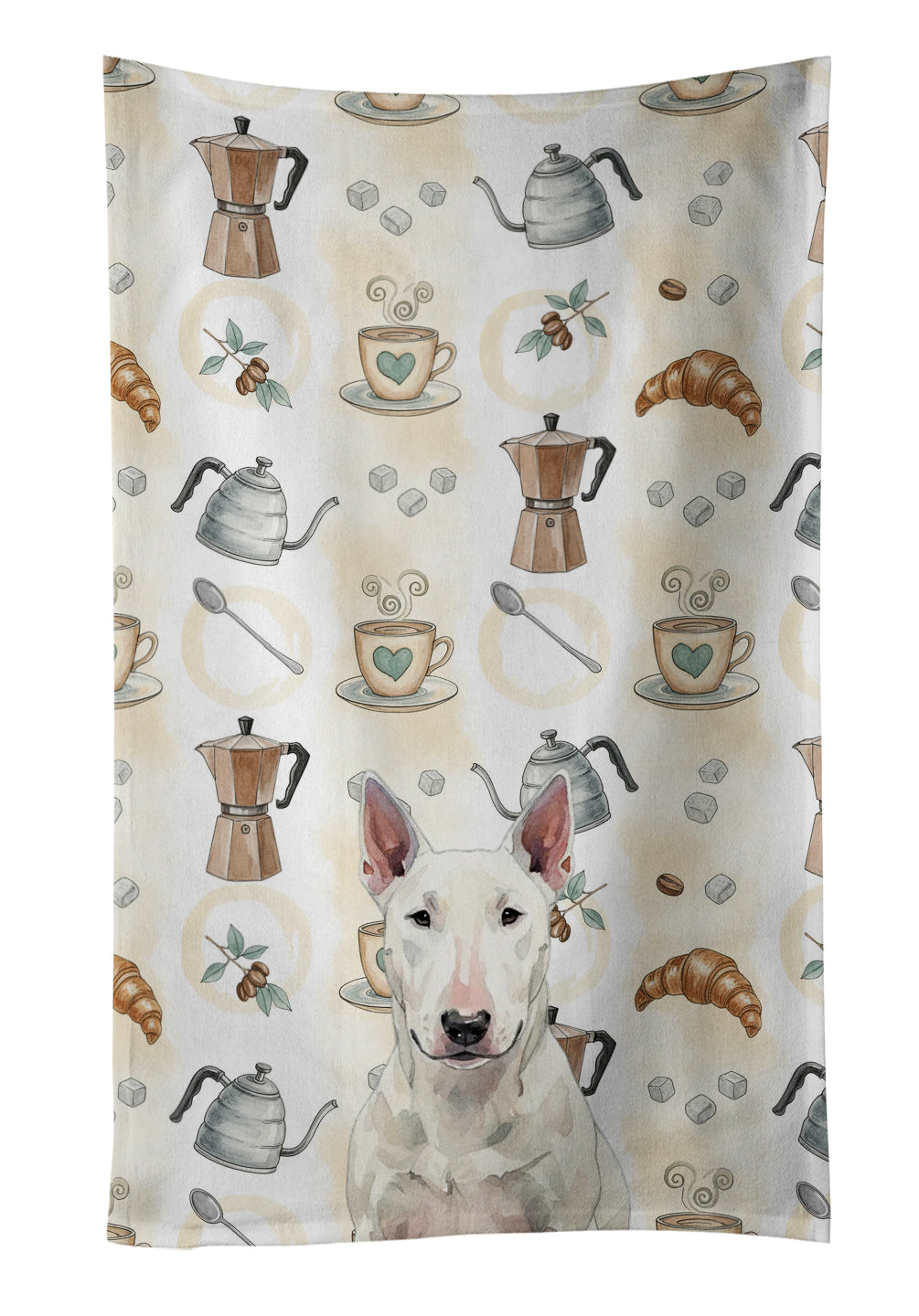 White Bull Terrier Coffee Bar Kitchen Towel Velour Plush Front and Cotton Loop Back Machine Washable