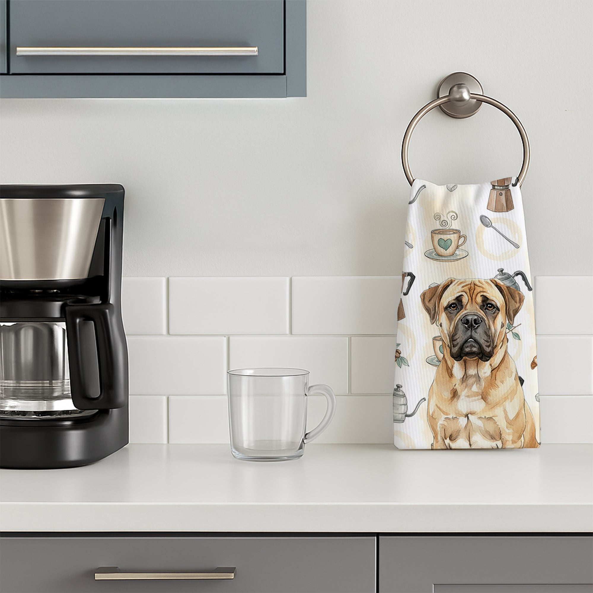 Bullmastiff Coffee Bar Kitchen Towel Velour Plush Front and Cotton Loop Back Machine Washable