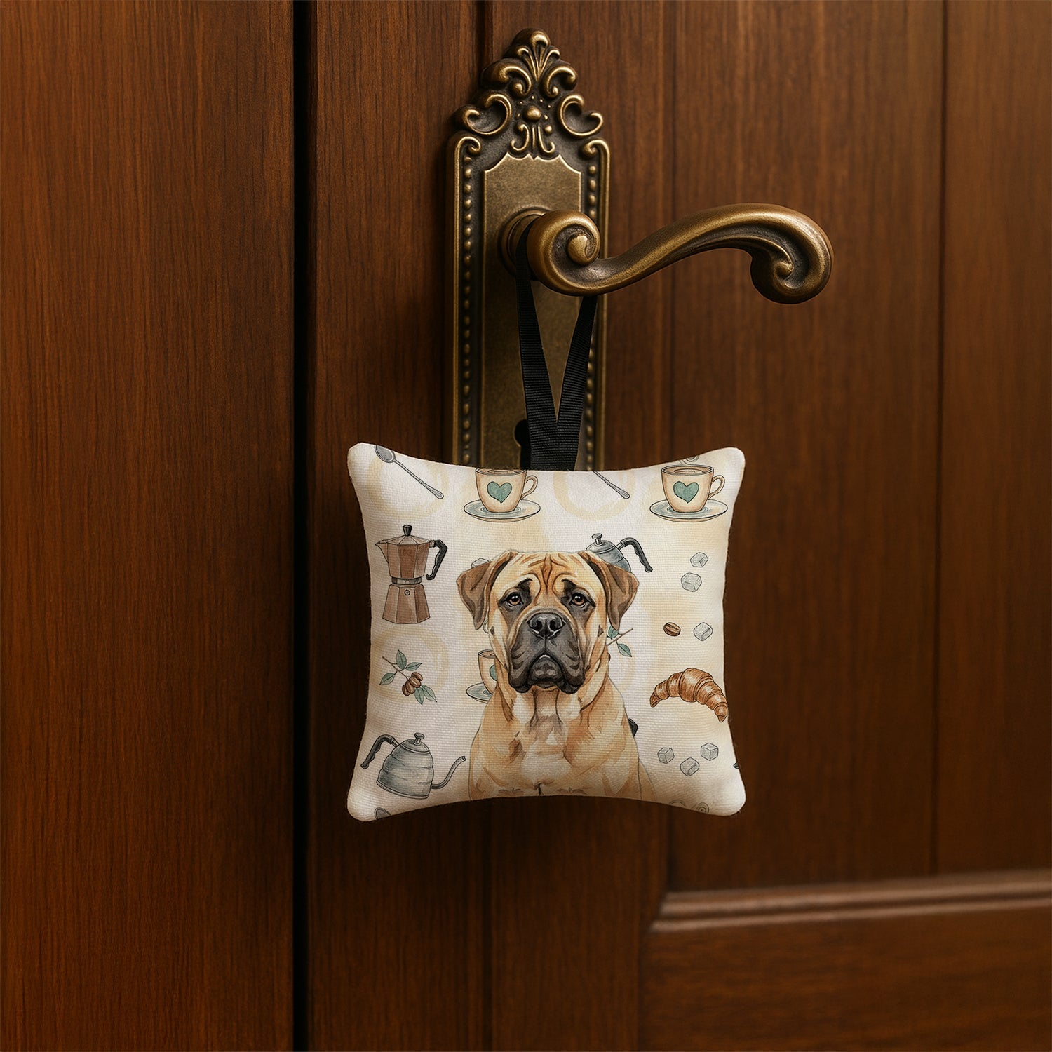 Bullmastiff Coffee Bar Hanging Square Fabric Ornament 3.5 � 3.5 Decorative Door-Knob & Tree Hanger, Soft Fabric