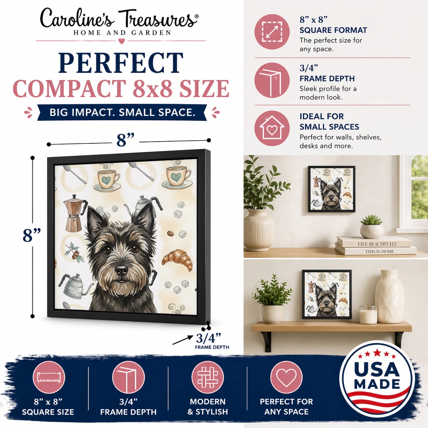 Black Cairn Terrier Coffee Bar Framed Metal Print Bathroom, Kitchen, Office, Home Decor Wall Art Ready to Hang, Square, 8X8