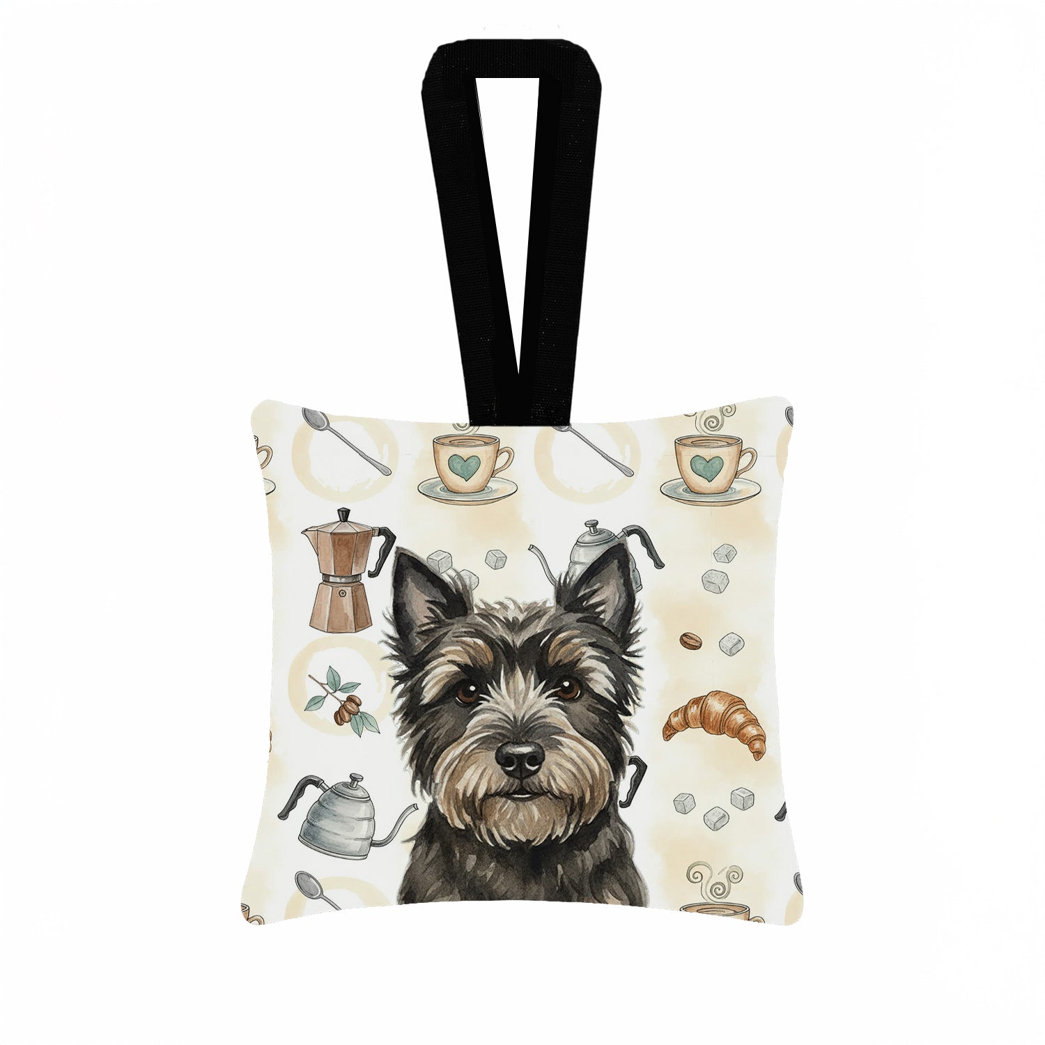 Black Cairn Terrier Coffee Bar Hanging Square Fabric Ornament 3.5 � 3.5 Decorative Door-Knob & Tree Hanger, Soft Fabric