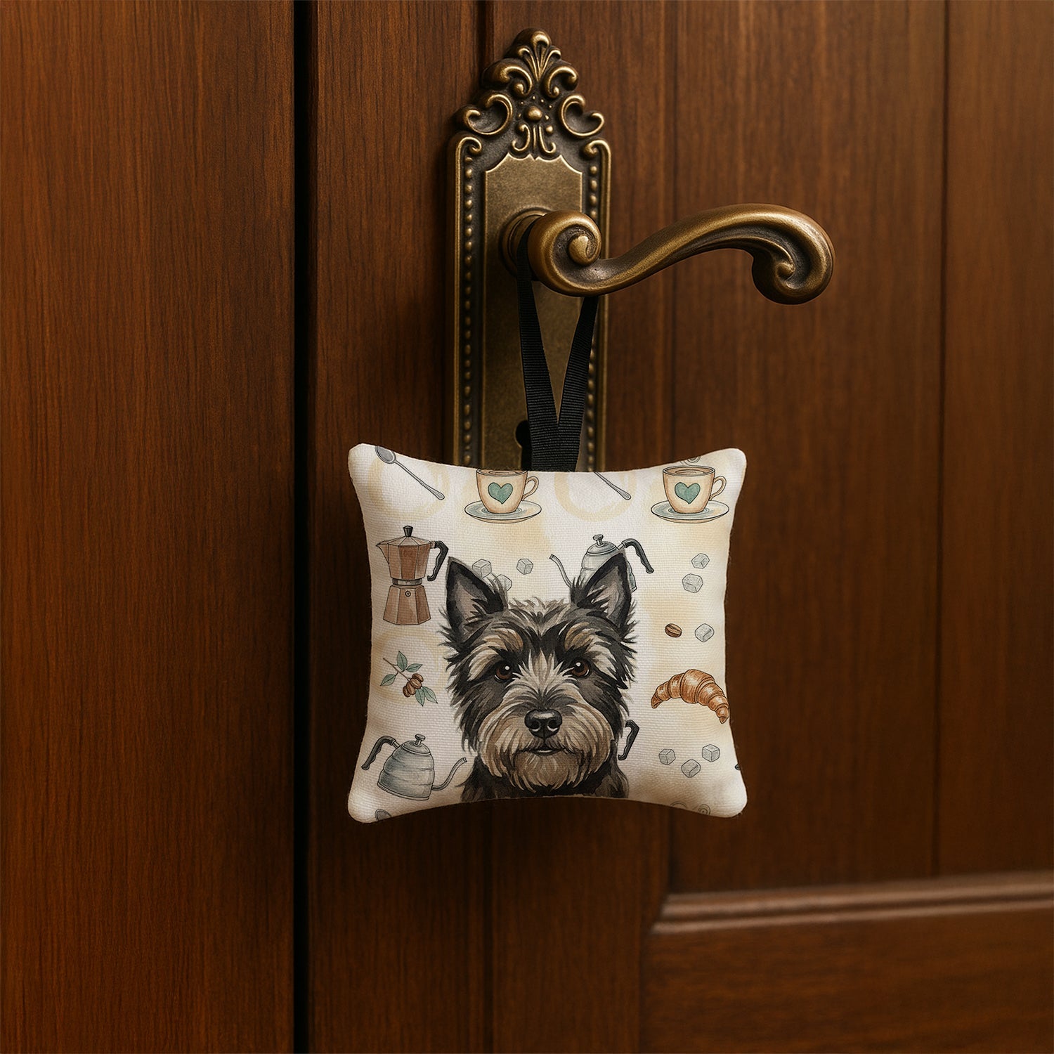 Black Cairn Terrier Coffee Bar Hanging Square Fabric Ornament 3.5 � 3.5 Decorative Door-Knob & Tree Hanger, Soft Fabric