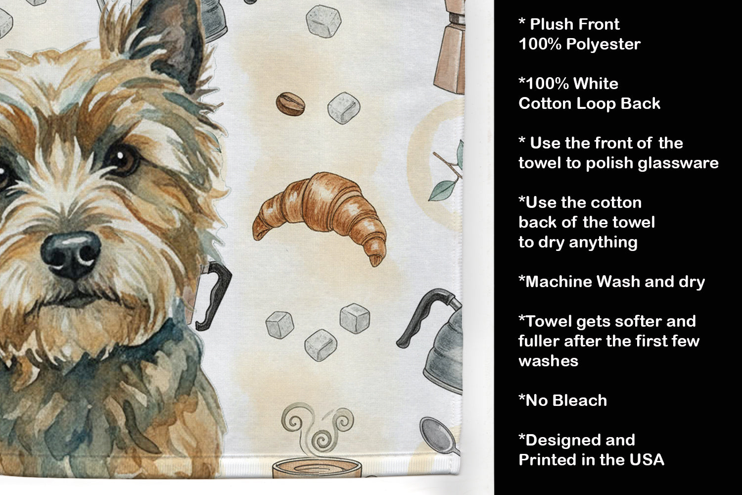 Cairn Terrier Coffee Bar Kitchen Towel Velour Plush Front and Cotton Loop Back Machine Washable