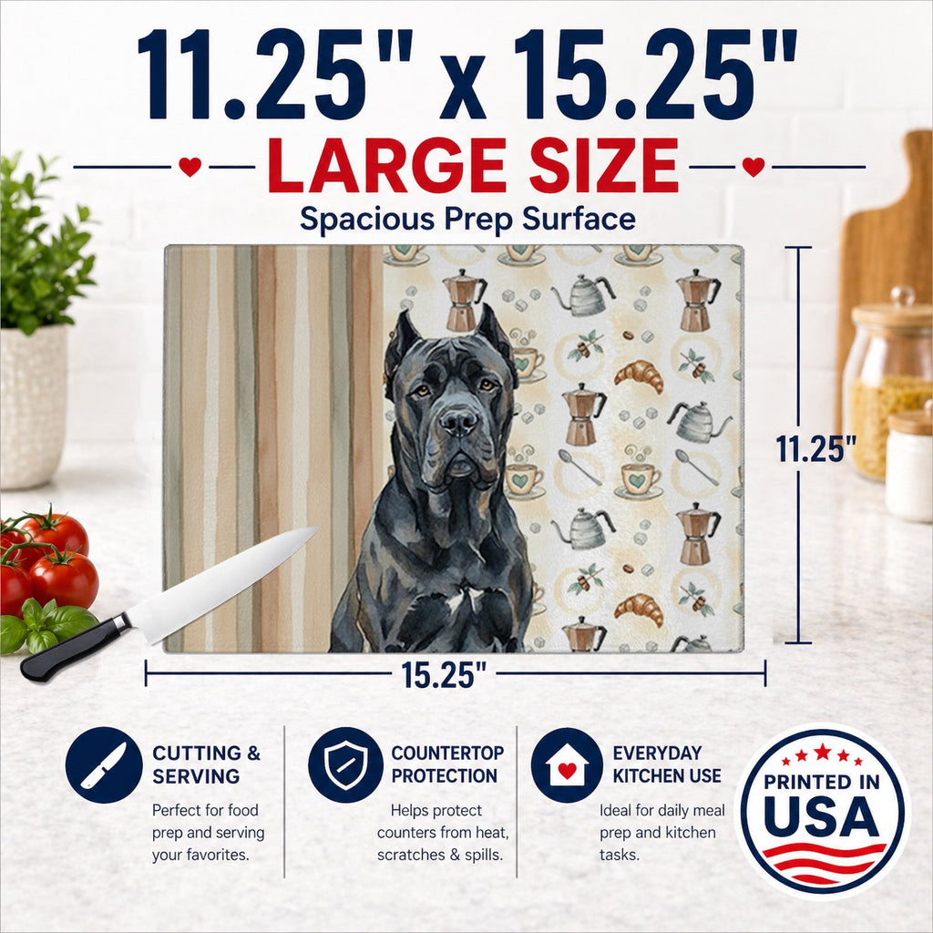 Cane Corso Coffee Bar Cutting Board Tempered Glass Kitchen Cutting Surface, Heat Resistant Chopping, Non-Slip Feet, Food Prep & Serving