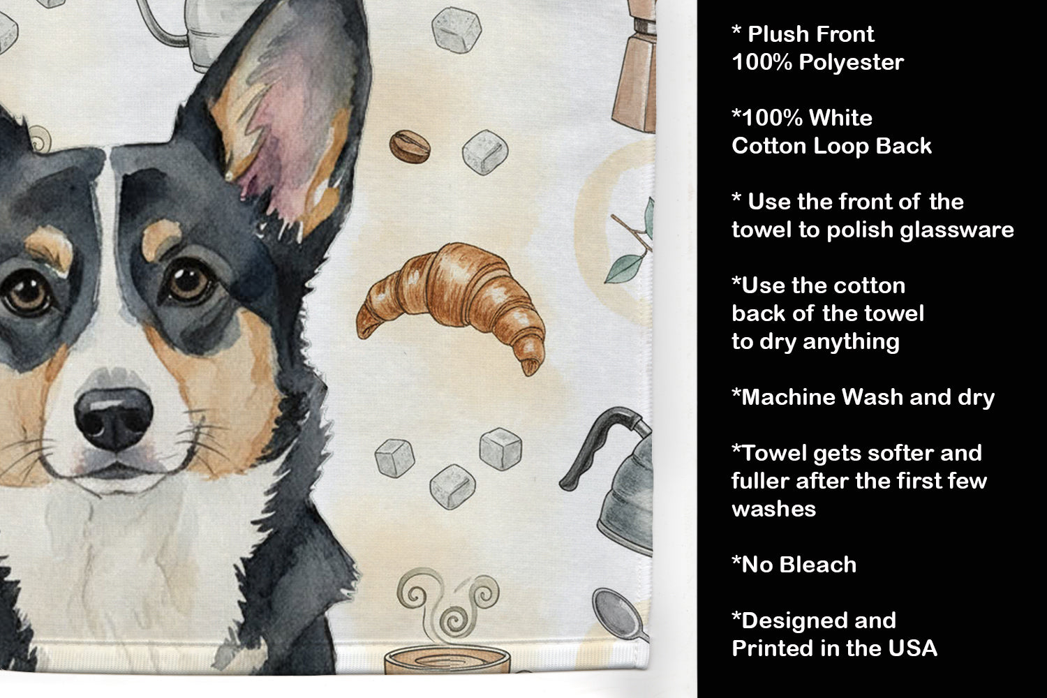 Black and White Cardigan Welsh Corgi Coffee Bar Kitchen Towel Velour Plush Front and Cotton Loop Back Machine Washable