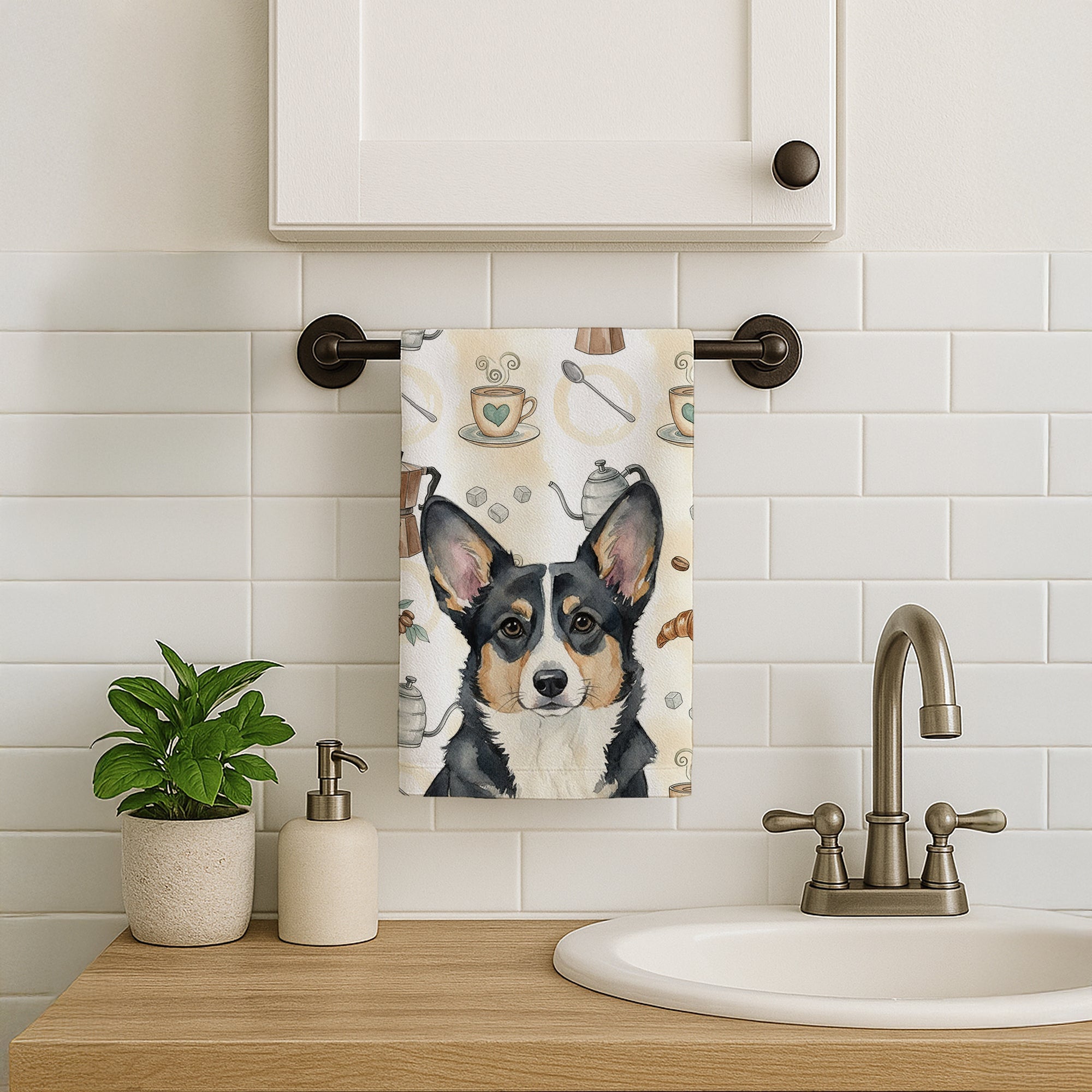Black and White Cardigan Welsh Corgi Coffee Bar Kitchen Towel Velour Plush Front and Cotton Loop Back Machine Washable