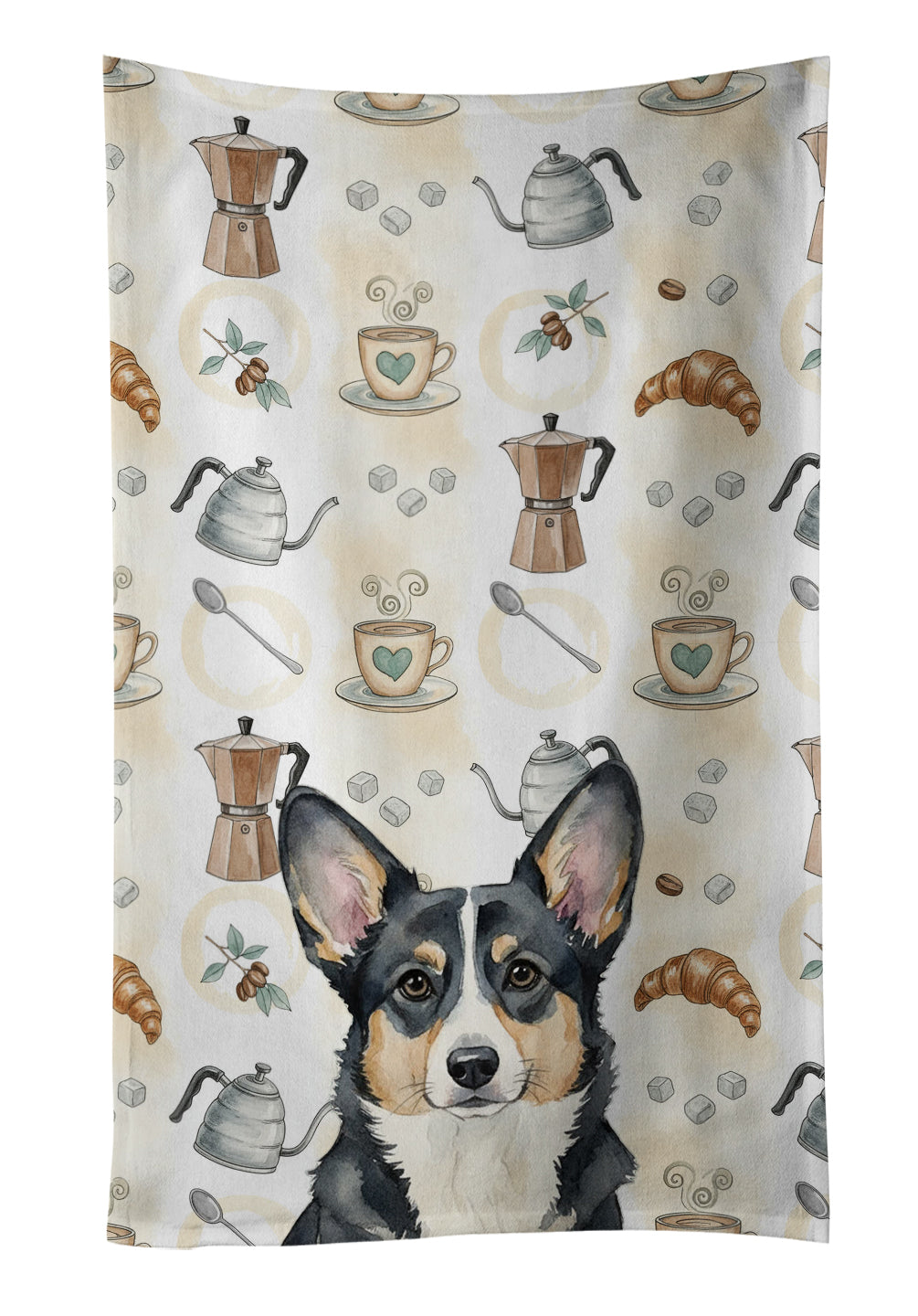 Black and White Cardigan Welsh Corgi Coffee Bar Kitchen Towel Velour Plush Front and Cotton Loop Back Machine Washable