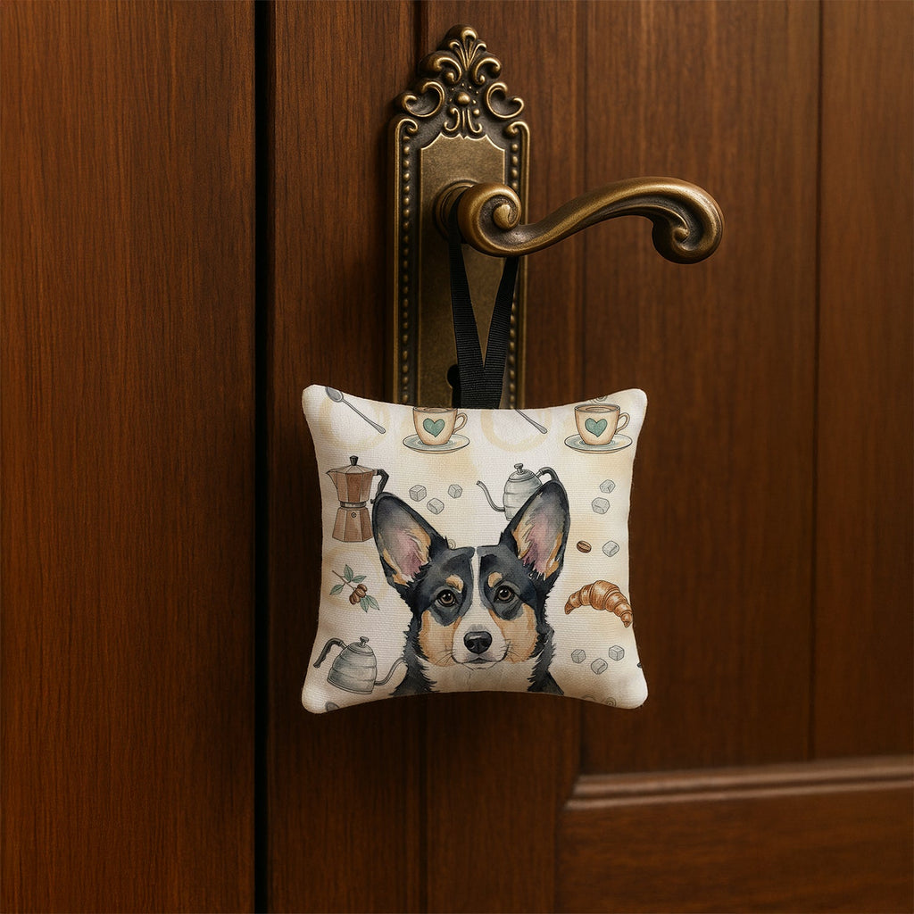 Black and White Cardigan Welsh Corgi Coffee Bar Hanging Square Fabric Ornament 3.5 � 3.5 Decorative Door-Knob & Tree Hanger, Soft Fabric