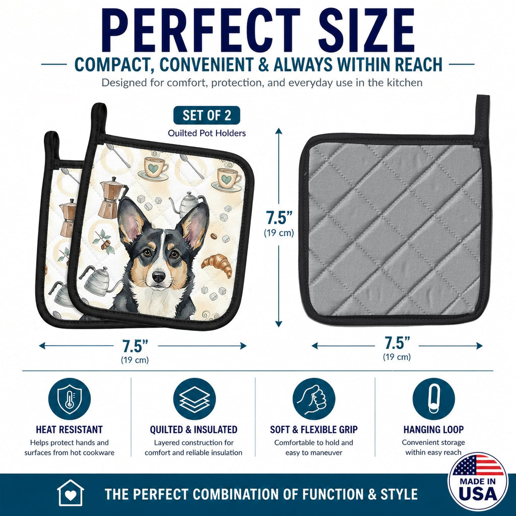 Black and White Cardigan Welsh Corgi Coffee Bar Pot Holder Set of 2 Heat Resistant Quilted Hot Pads 7.5 x 7.5 Inch, Insulated Kitchen Trivets for Cooking & Baking