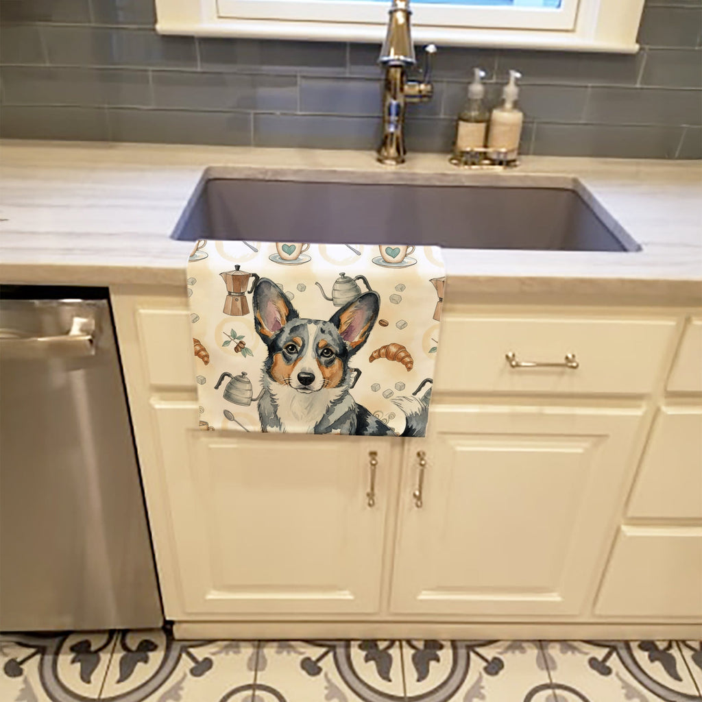 Blue Merle Cardigan Welsh Corgi Coffee Bar Kitchen Towel Velour Plush Front and Cotton Loop Back Machine Washable