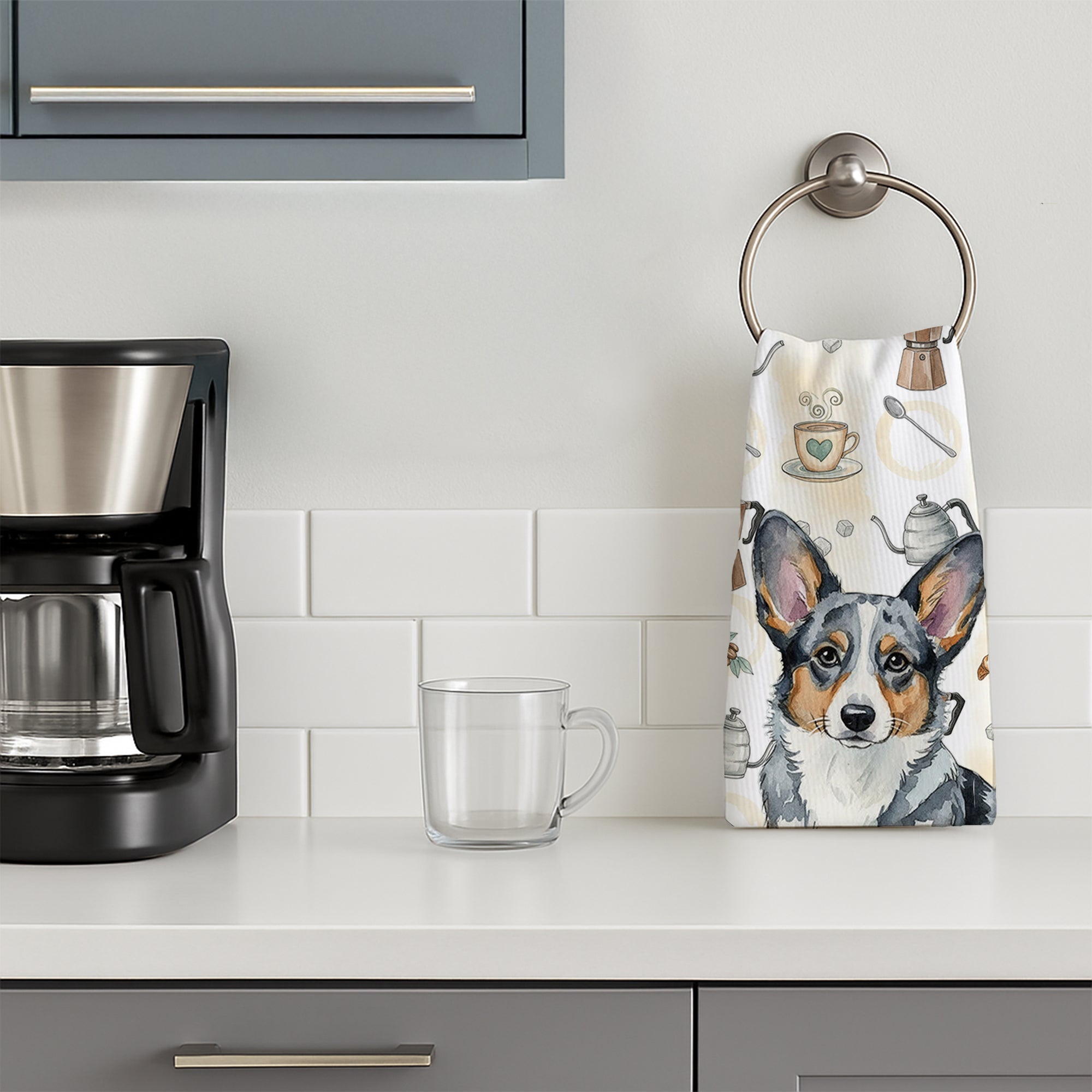 Blue Merle Cardigan Welsh Corgi Coffee Bar Kitchen Towel Velour Plush Front and Cotton Loop Back Machine Washable