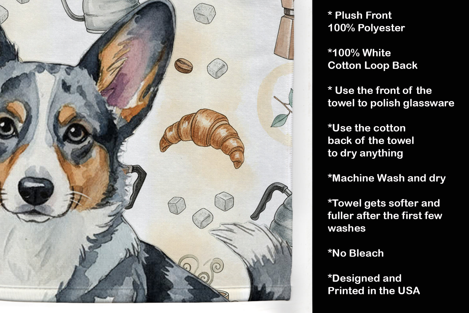 Blue Merle Cardigan Welsh Corgi Coffee Bar Kitchen Towel Velour Plush Front and Cotton Loop Back Machine Washable