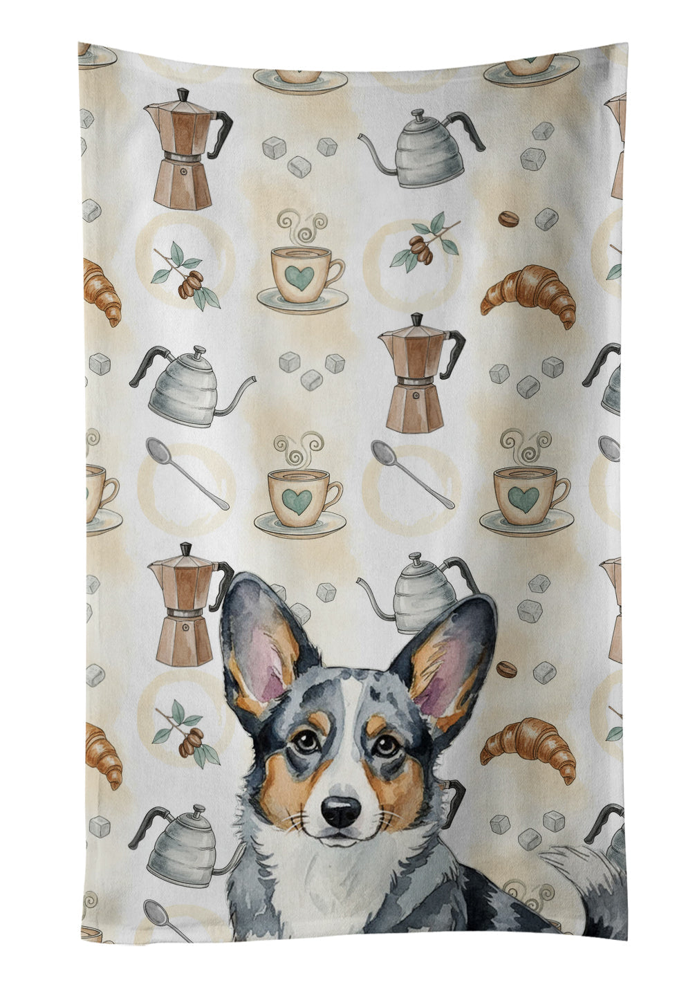 Blue Merle Cardigan Welsh Corgi Coffee Bar Kitchen Towel Velour Plush Front and Cotton Loop Back Machine Washable