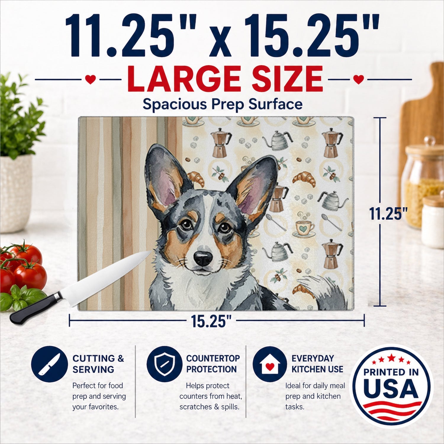 Blue Merle Cardigan Welsh Corgi Coffee Bar Cutting Board Tempered Glass Kitchen Cutting Surface, Heat Resistant Chopping, Non-Slip Feet, Food Prep & Serving