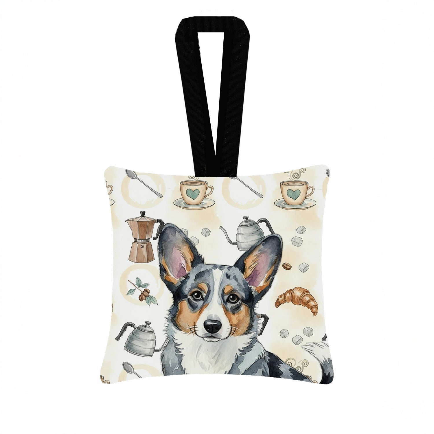 Blue Merle Cardigan Welsh Corgi Coffee Bar Hanging Square Fabric Ornament 3.5 � 3.5 Decorative Door-Knob & Tree Hanger, Soft Fabric